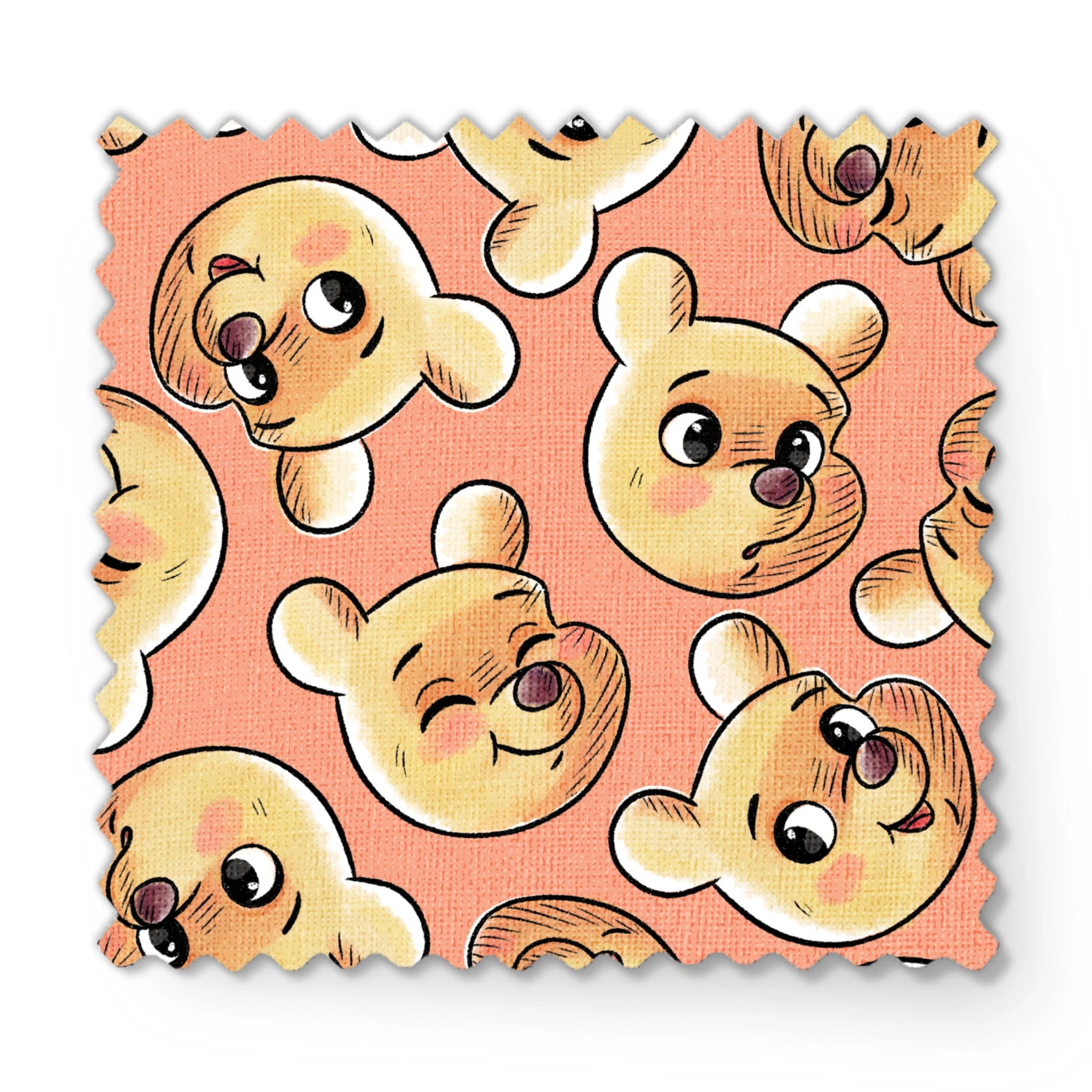 Cartoon teddy bear faces with cute expressions on peach background in repeating pattern fabric swatch mockup
