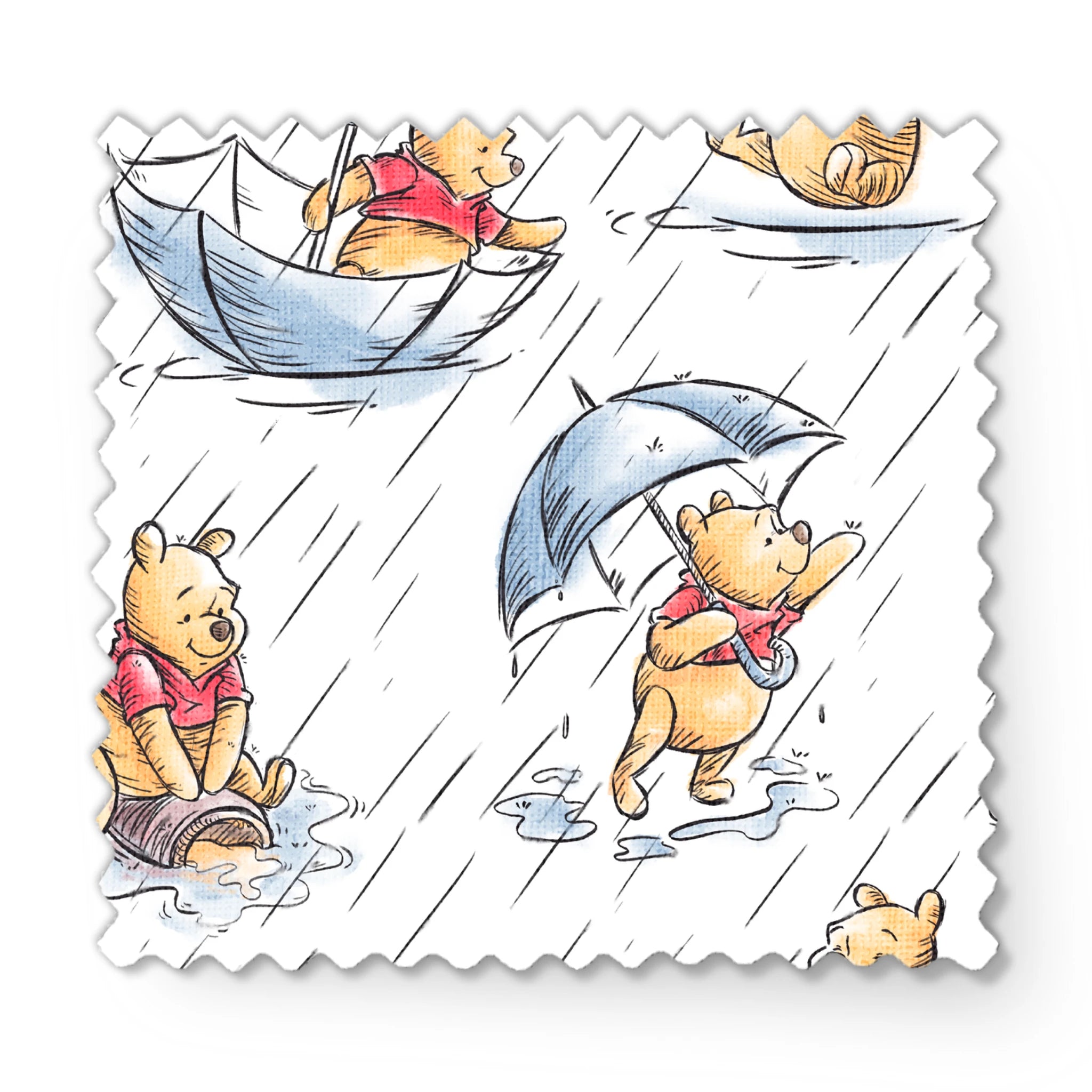 Small bear characters in a rainy scene - some holding umbrellas, others in paper boats, wearing red shirts fabric swatch mockup