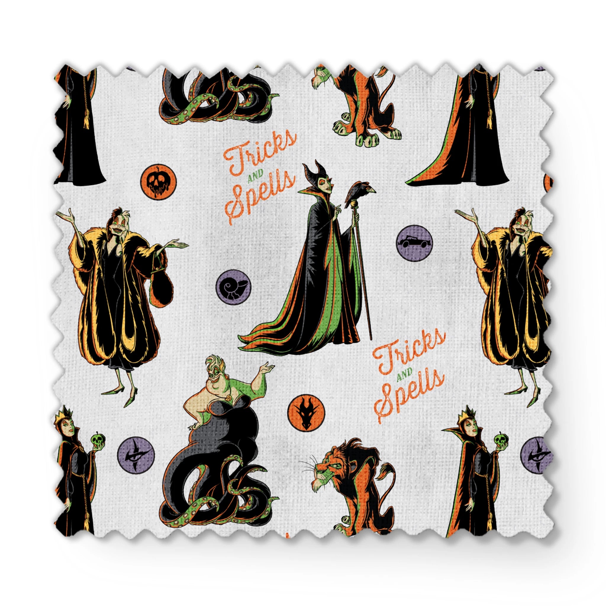 Halloween pattern with Disney villains, spells text, and magical symbols on light background fabric swatch mockup