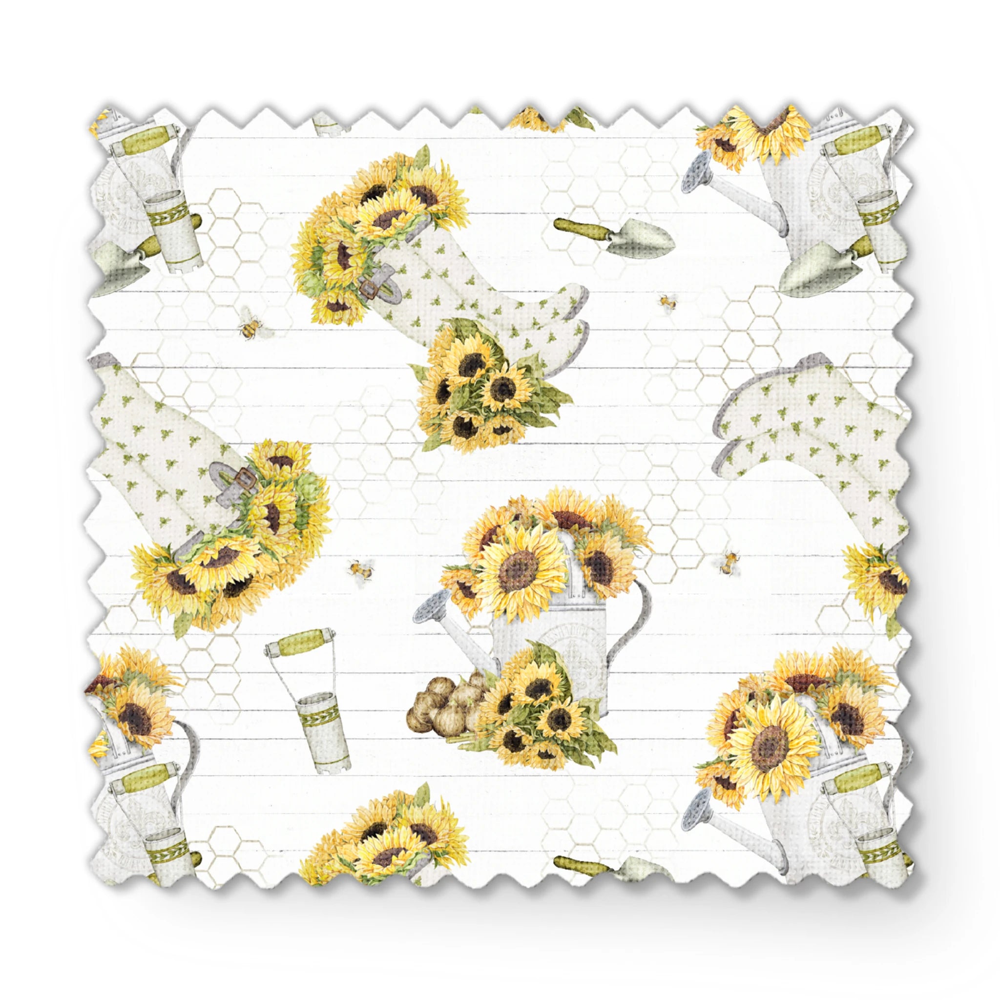 Sunflower-filled watering cans with bees, trowels, and garden tools on a white shiplap and honeycomb background. Designed by Nicole Tamarin. fabric swatch mockup