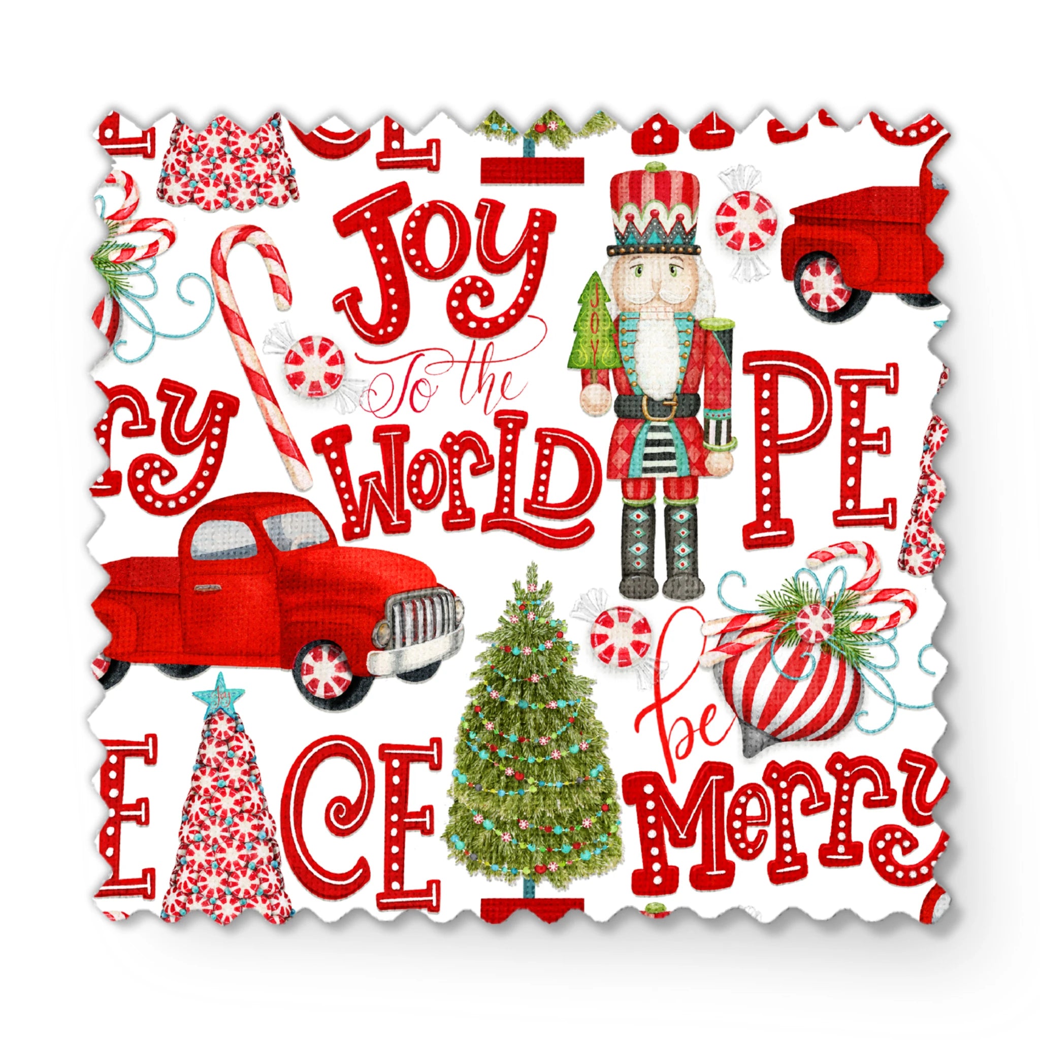 Holiday pattern featuring red trucks, nutcrackers, candy canes, Christmas trees, and festive lettering on a white background by Nicole Tamarin. fabric swatch mockup
