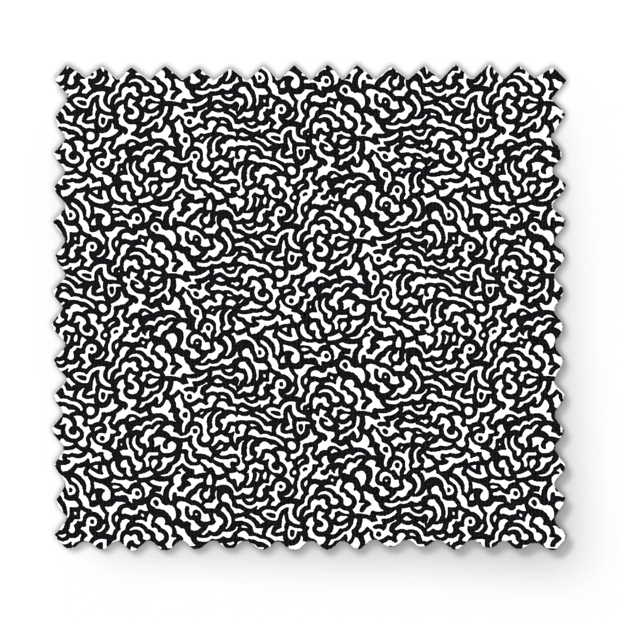 Abstract black and white pattern with swirling organic lines creating a dense maze-like design fabric swatch mockup