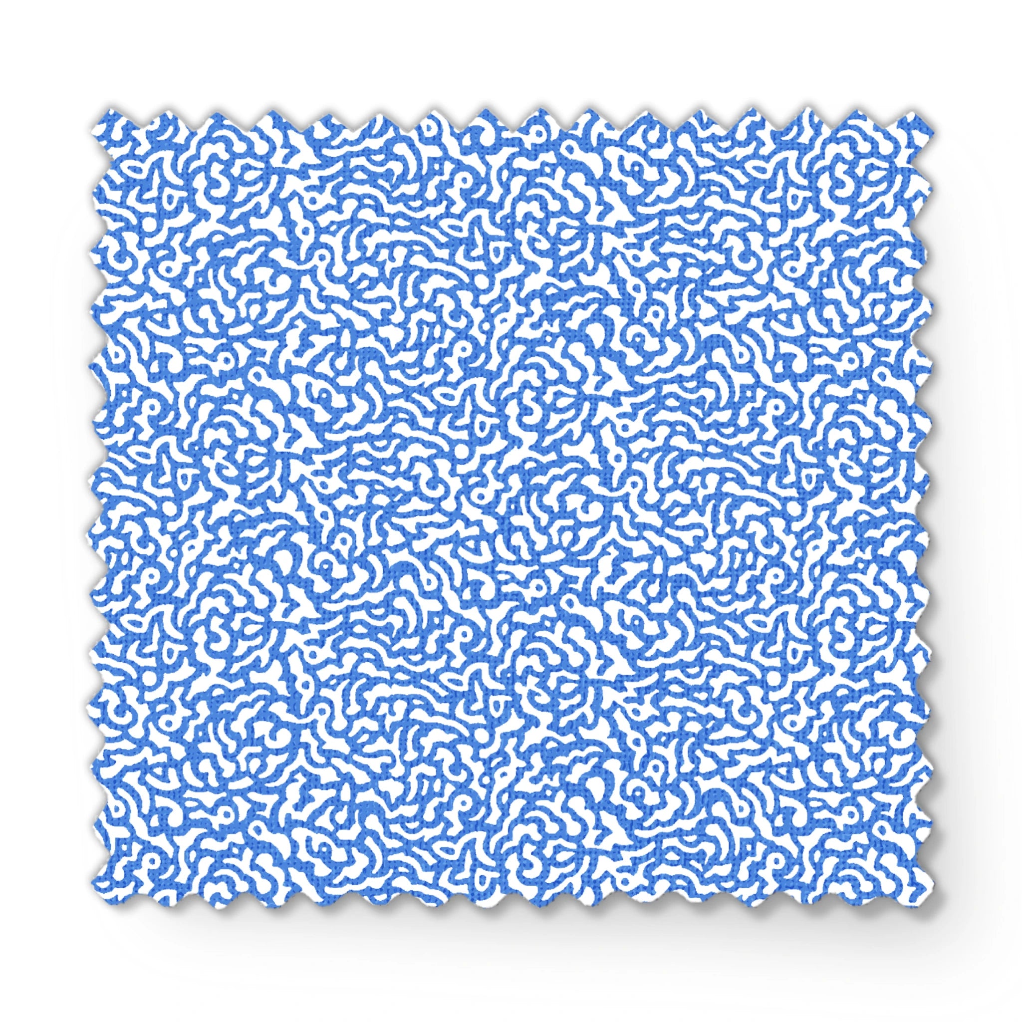 Blue and white abstract pattern with wavy, maze-like lines creating a flowing organic texture fabric swatch mockup