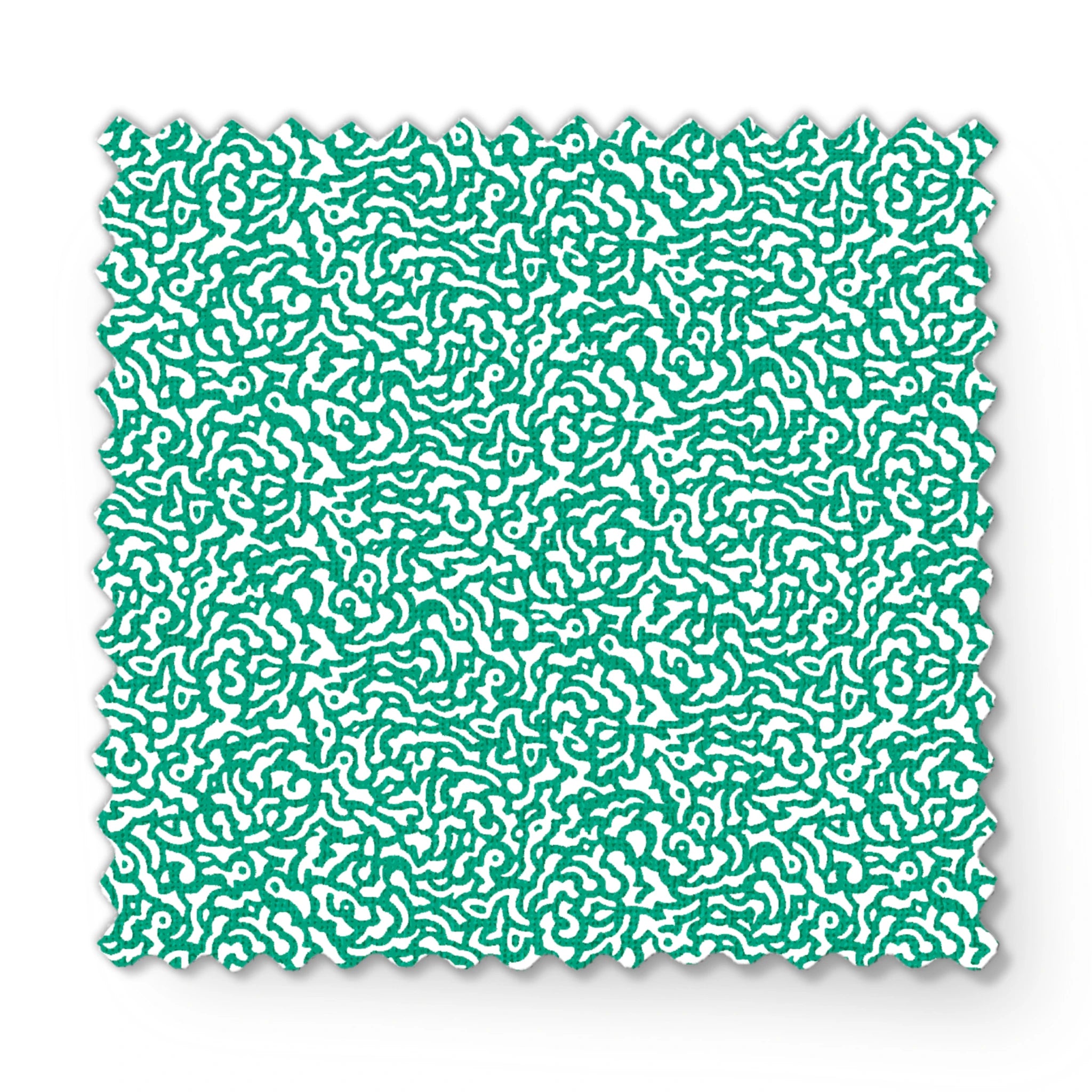 Abstract green and white pattern with organic swirling lines resembling coral or brain-like formations fabric swatch mockup