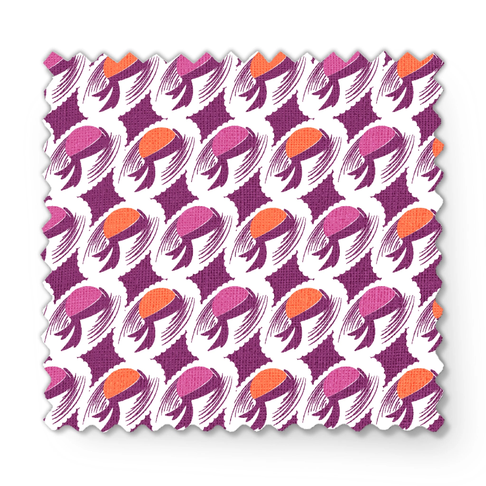 Abstract pattern with purple and orange oval shapes with flowing brush strokes on white background fabric swatch mockup