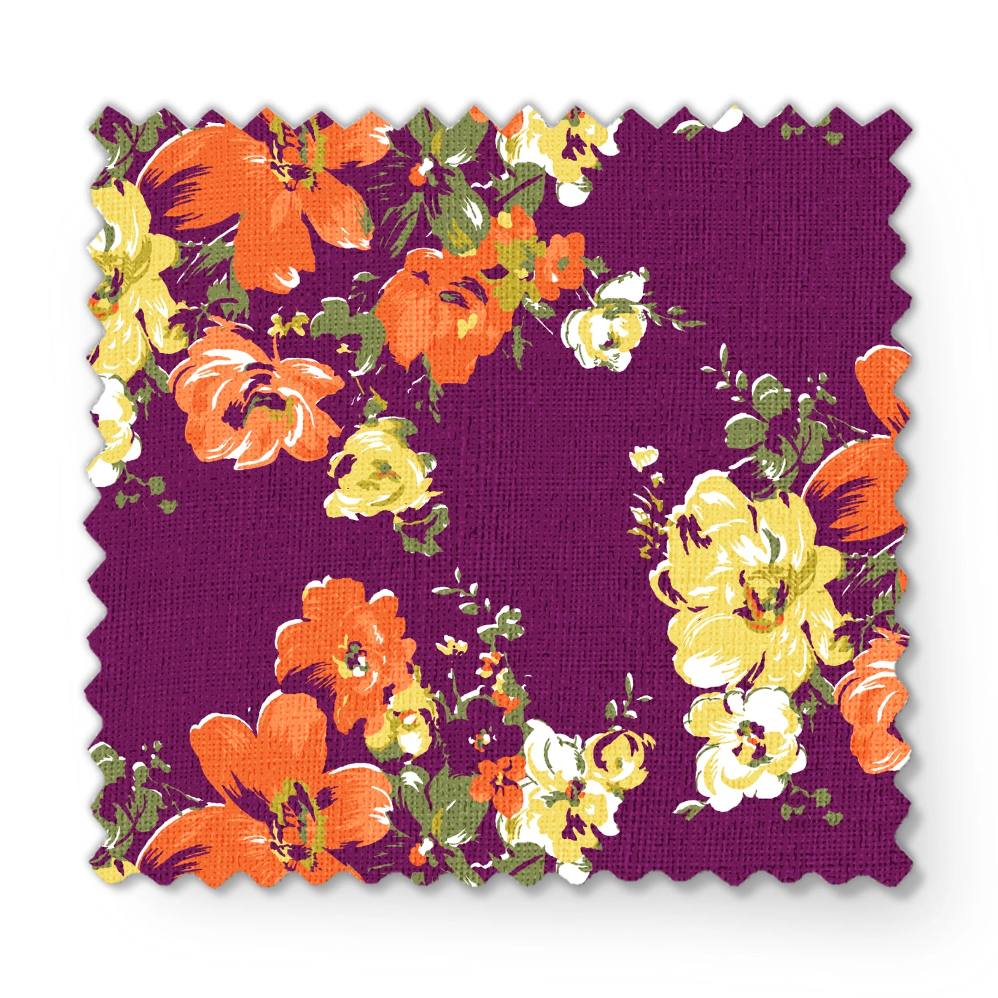 Vibrant floral pattern with orange and yellow blooms against a deep purple background fabric swatch mockup
