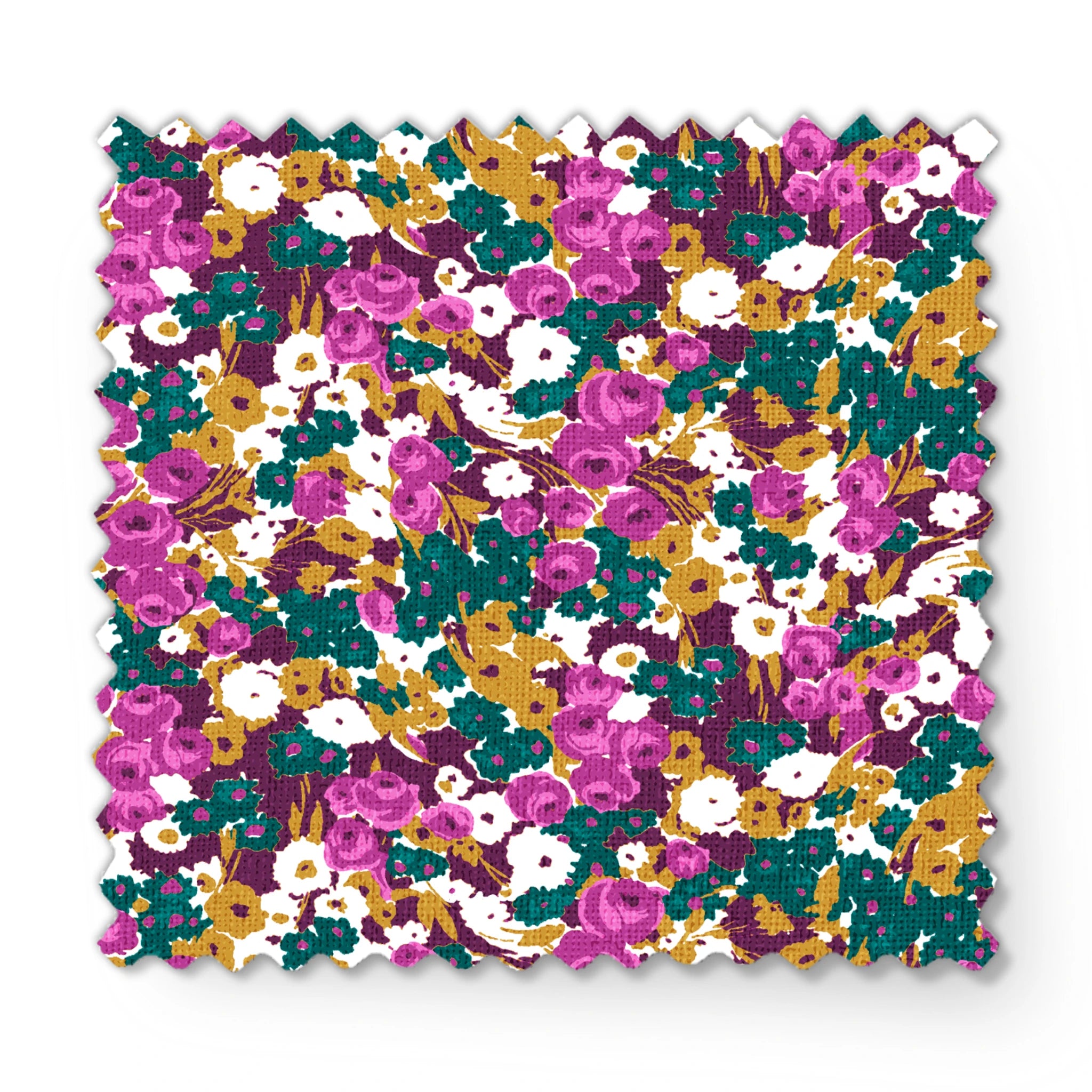 Vibrant floral pattern with purple, white, and gold flowers on teal background fabric swatch mockup