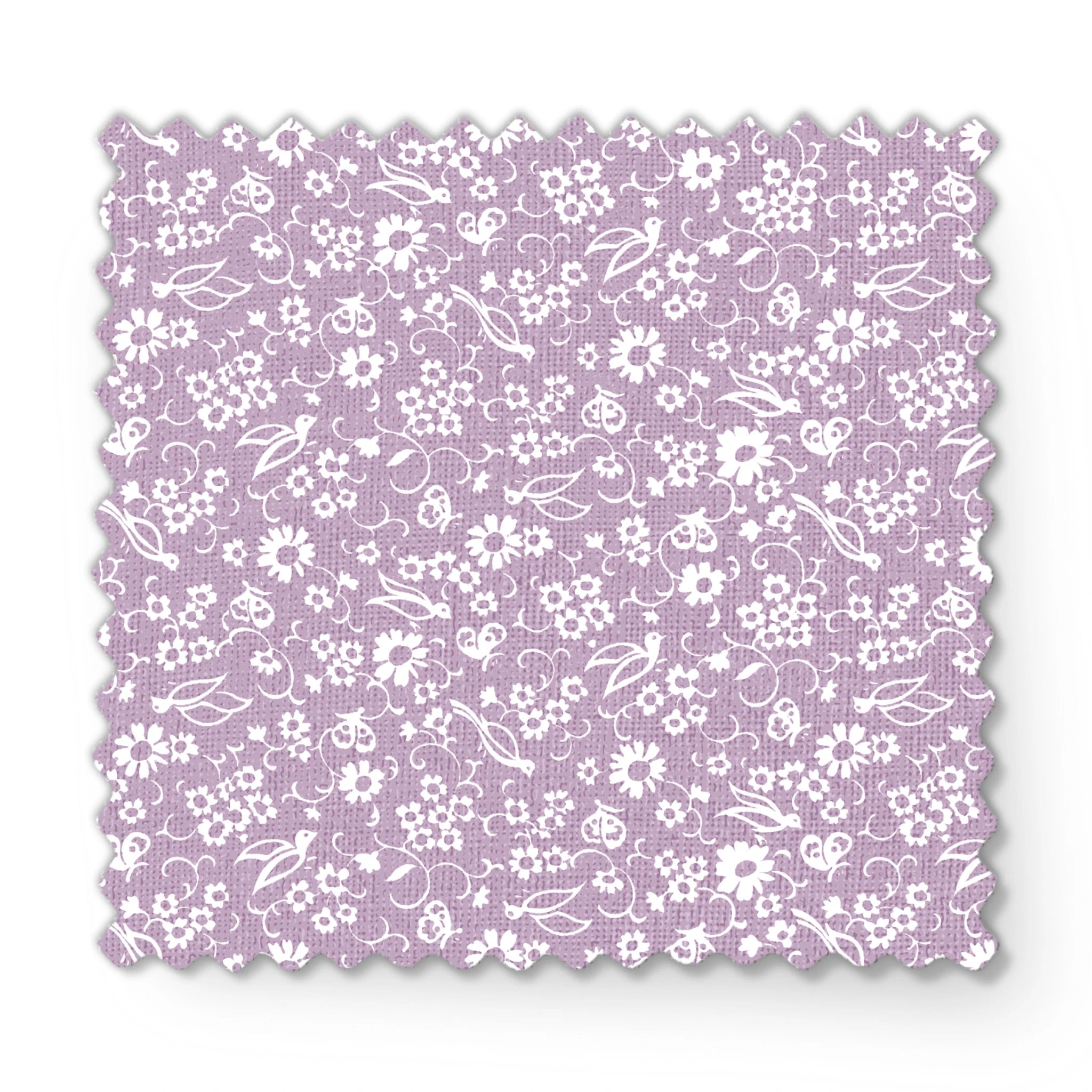 White floral pattern on lavender purple background with daisies and decorative swirls fabric swatch mockup