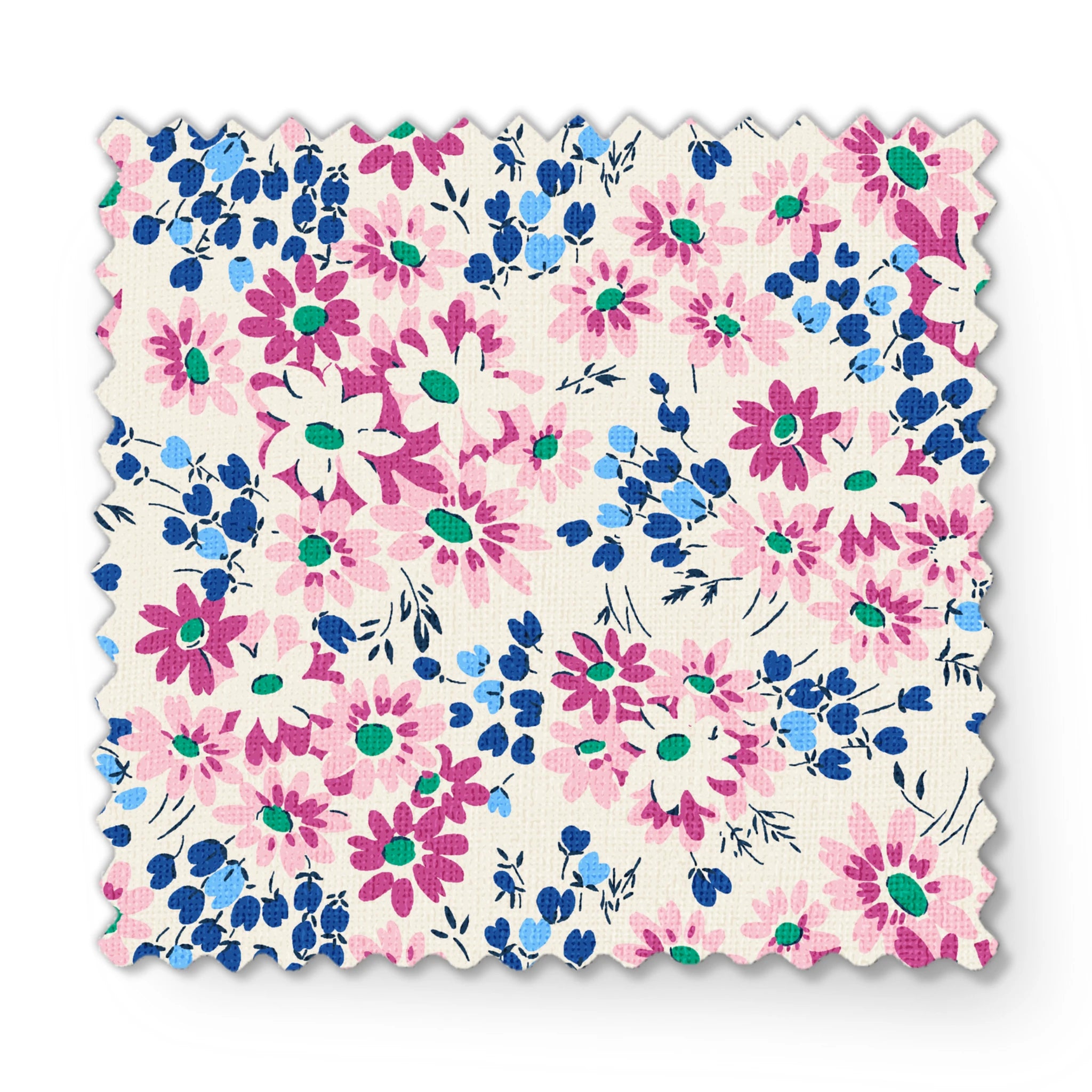 Colorful floral pattern with pink and magenta daisies, blue berries, and green accents on cream background fabric swatch mockup