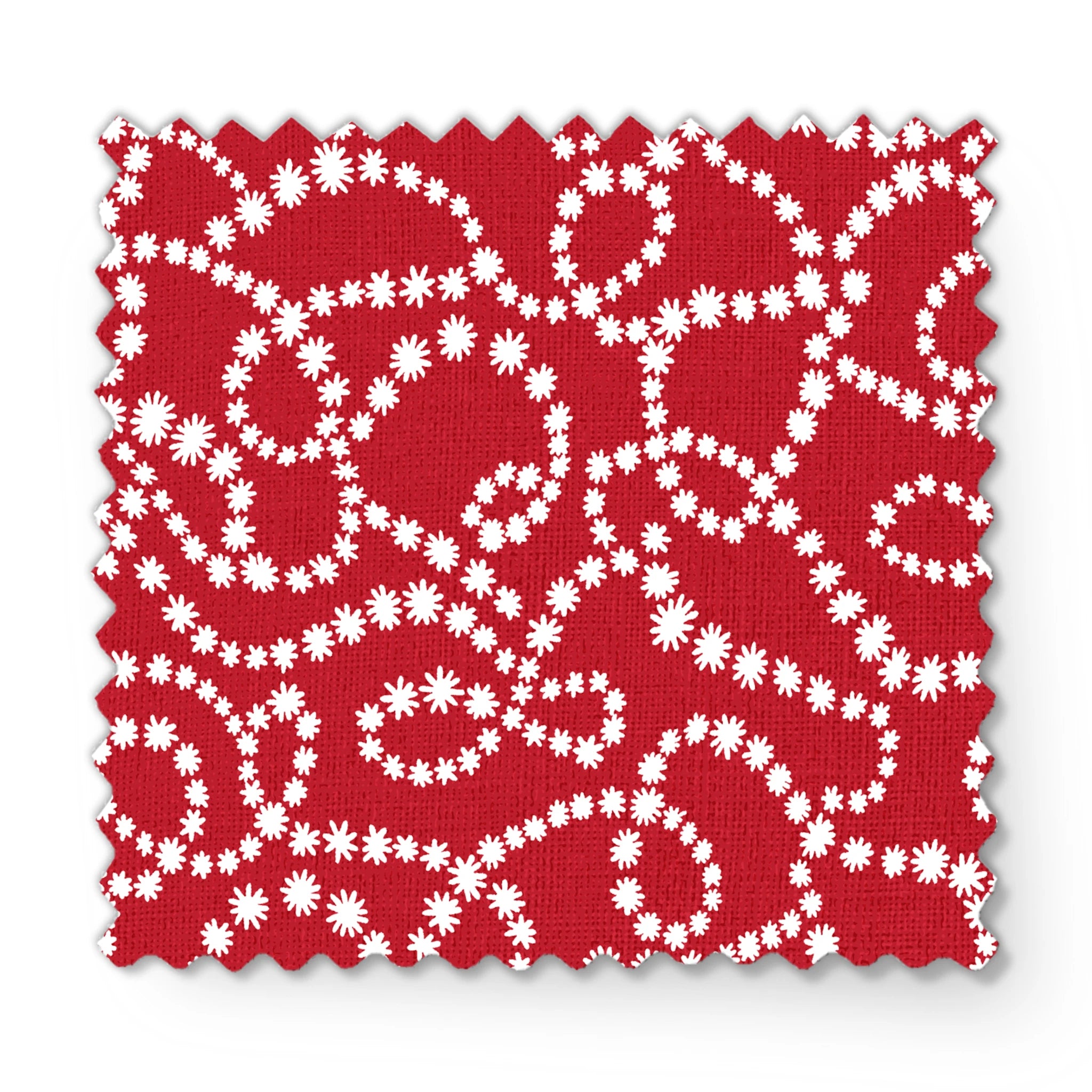 White dotted swirl pattern on rich red background creating decorative curving lines fabric swatch mockup