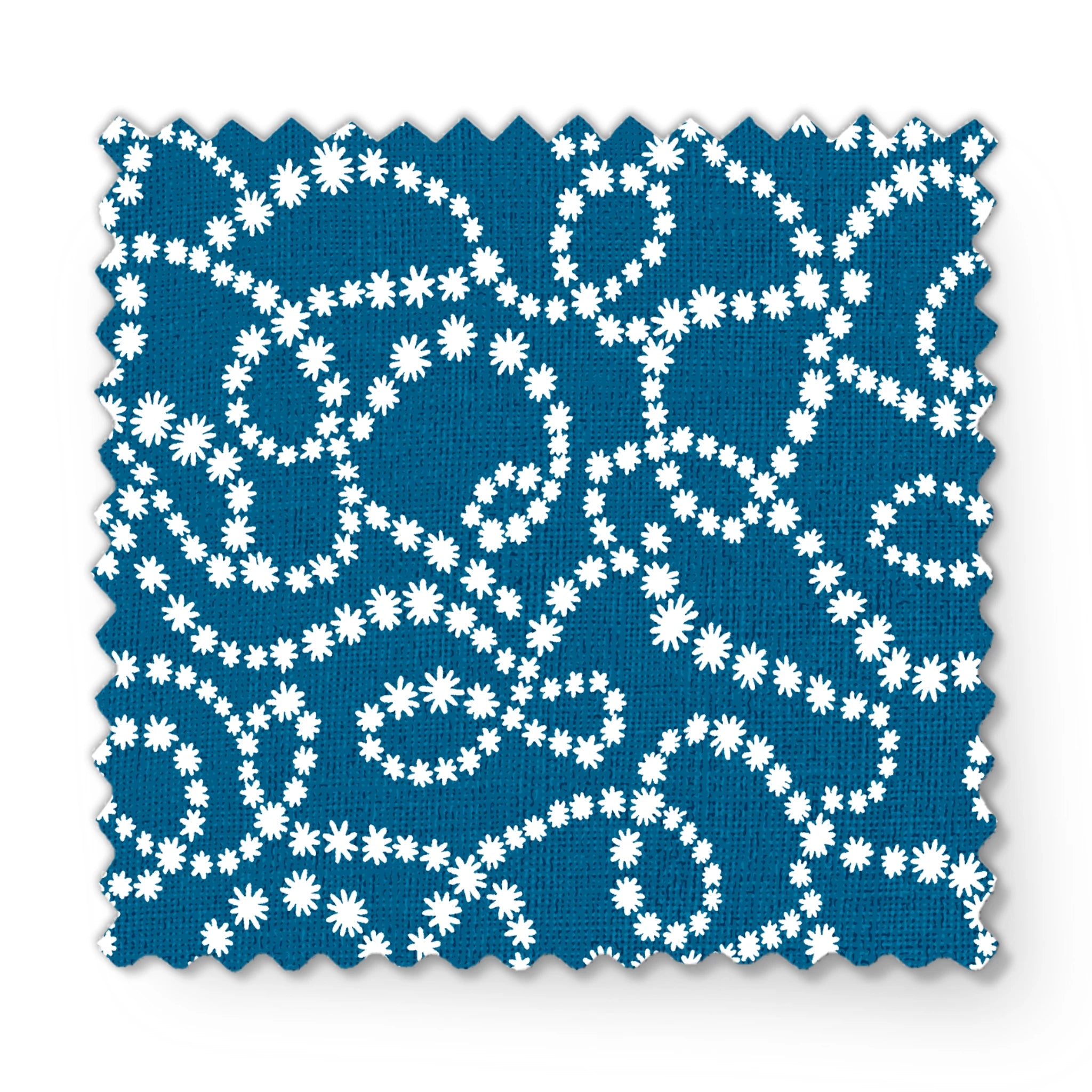 Dotted white swirling patterns on deep teal blue background creating abstract curved designs fabric swatch mockup