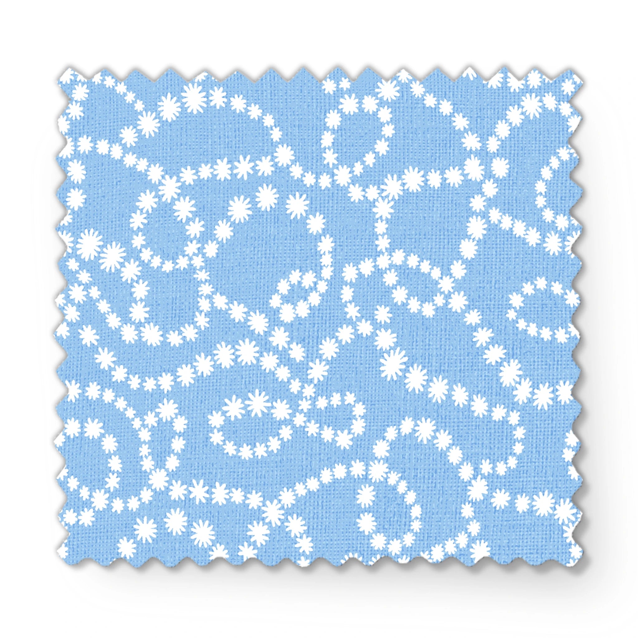 Pale blue background with white dotted swirling pattern resembling strings of pearls or bubbles in abstract curves fabric swatch mockup