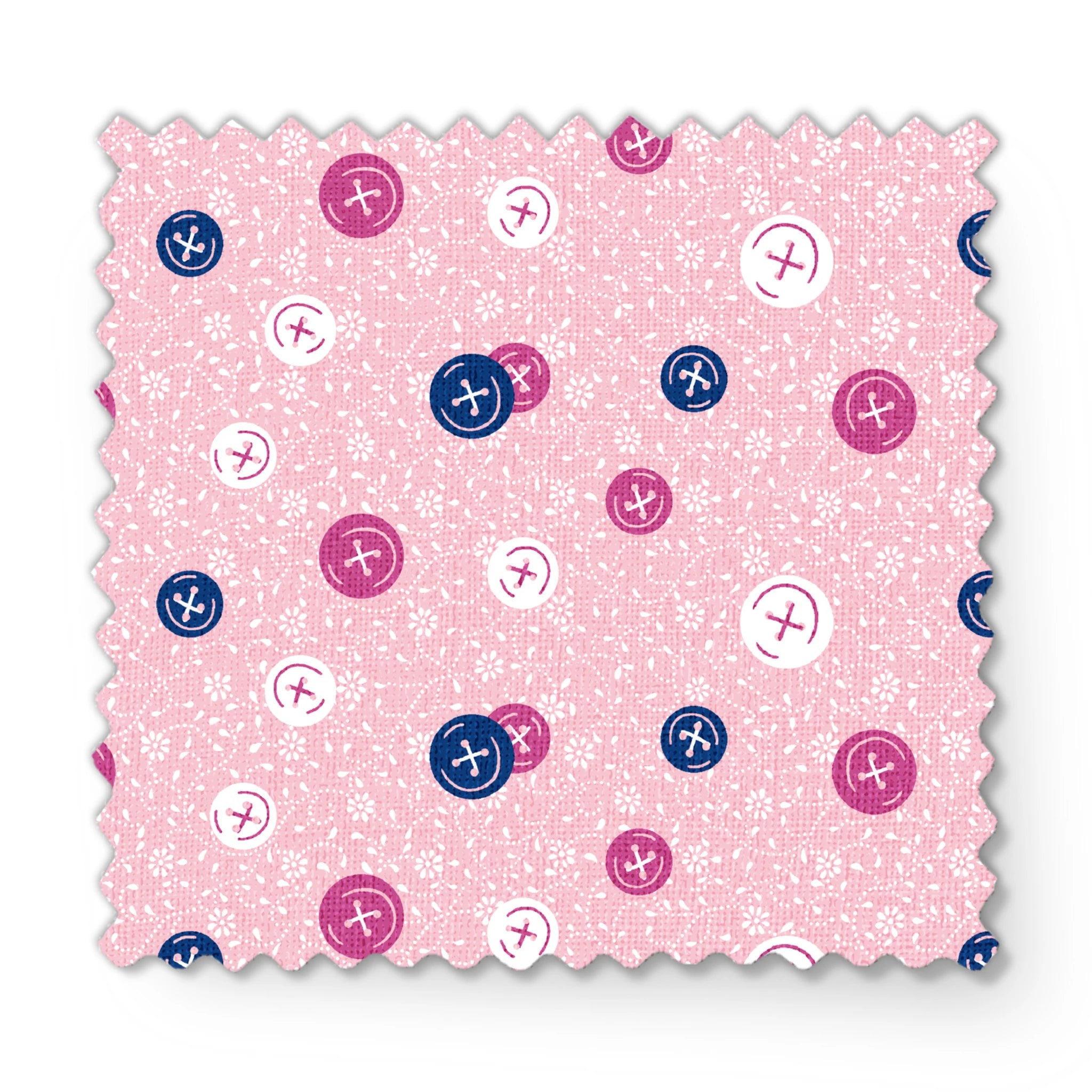 Scattered buttons in white, pink, and navy on a light pink floral background fabric swatch mockup