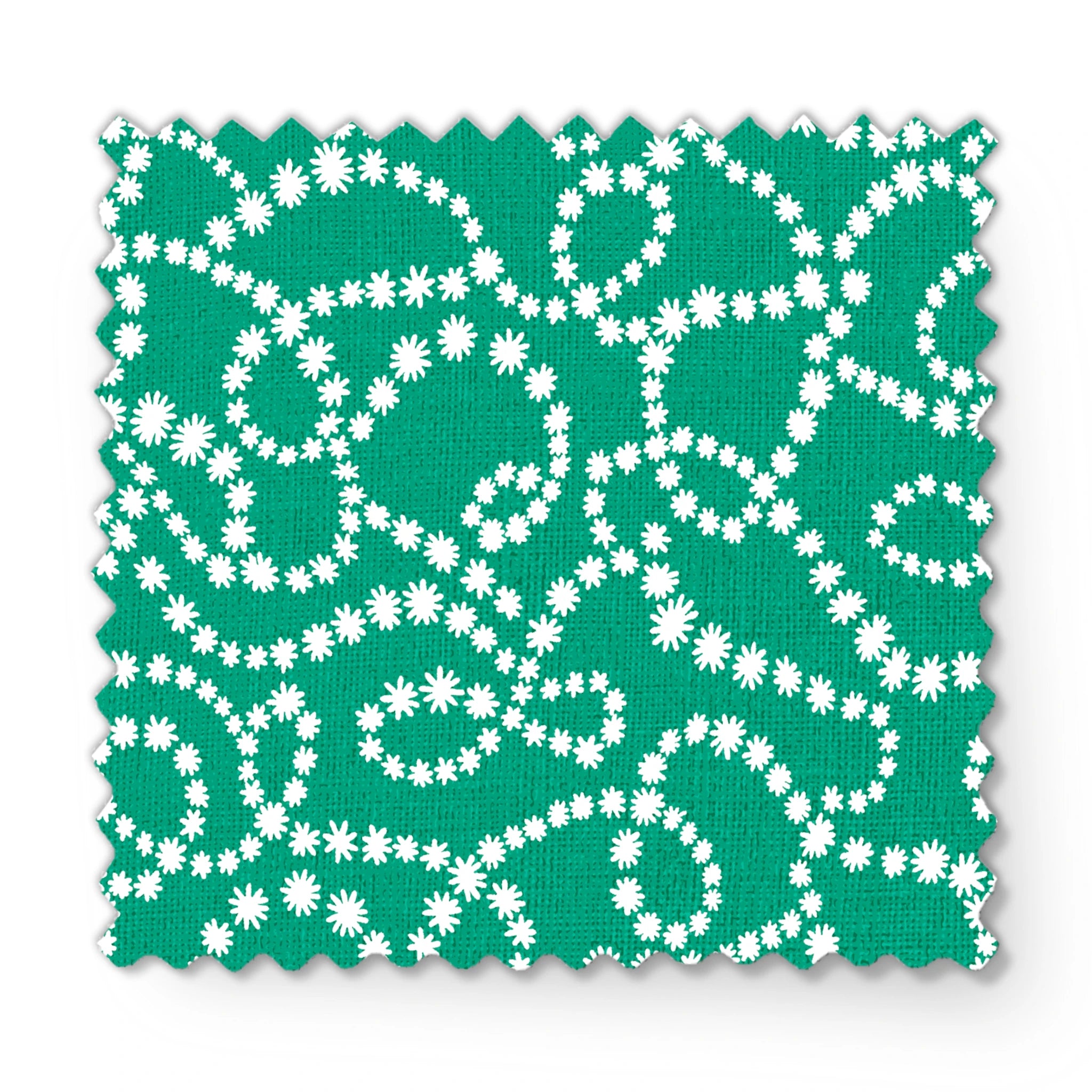 White dotted swirling patterns on green background forming abstract curving lines fabric swatch mockup