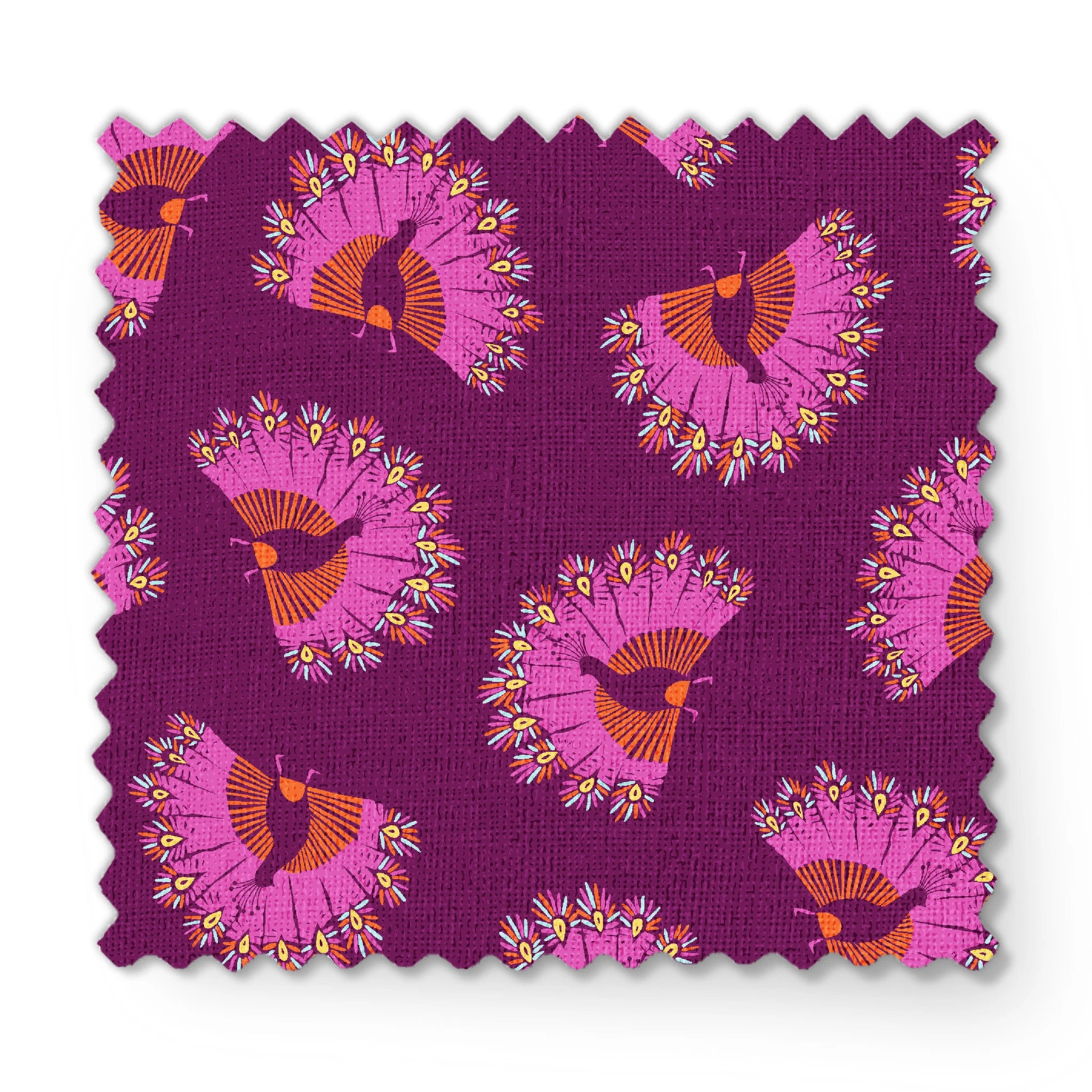 Decorative pattern with peacocks arranged in circular formations against a deep purple background fabric swatch mockup