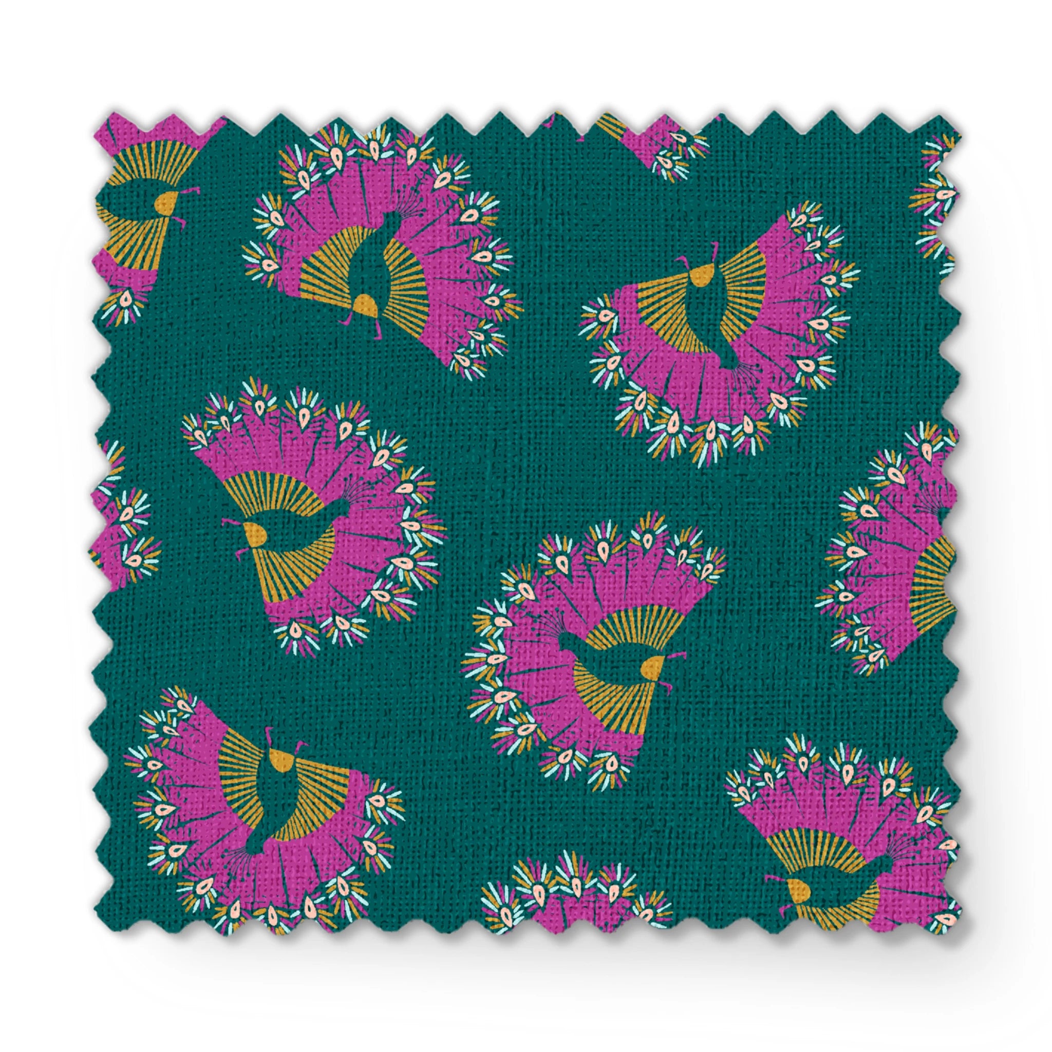 Vibrant pattern of pink circular bursts with yellow-green bird silhouettes on teal background fabric swatch mockup