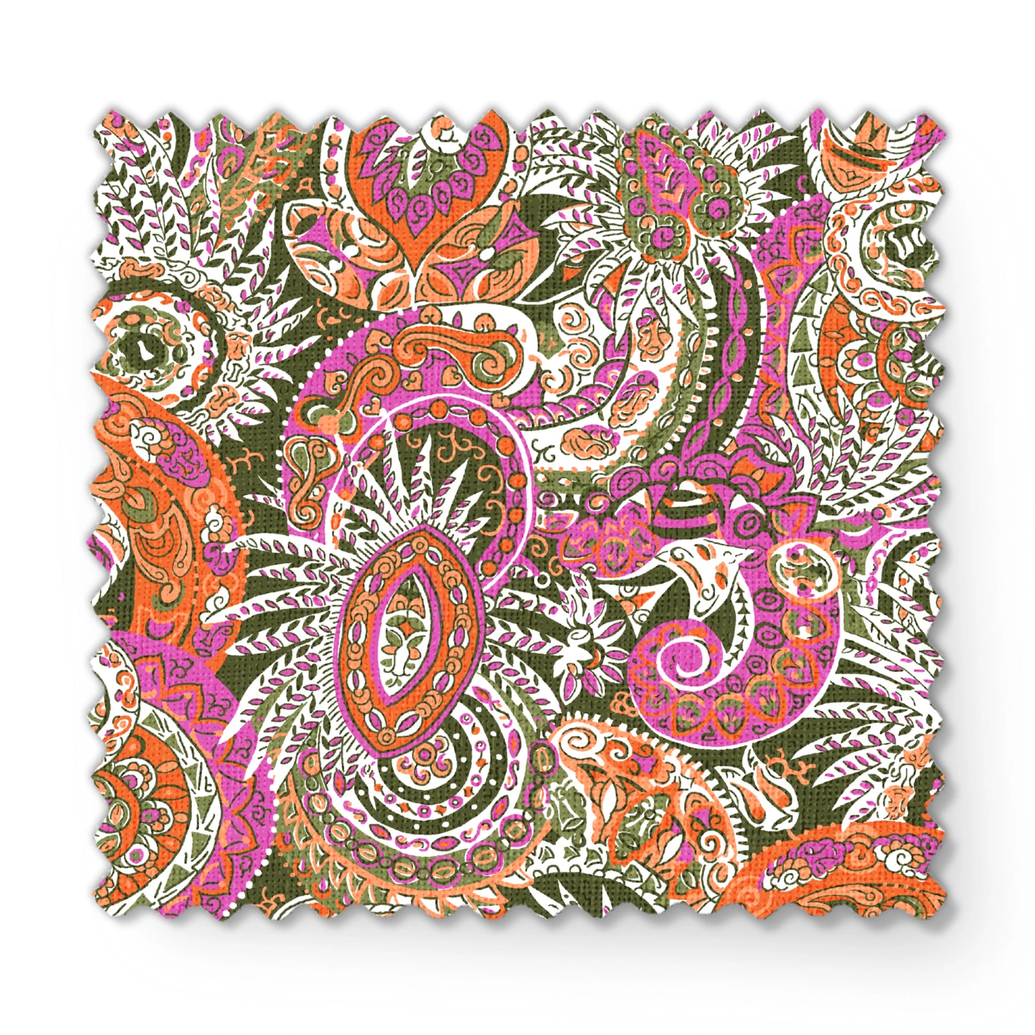 Vibrant paisley pattern with swirling designs in pink, orange, yellow and white on textured background fabric swatch mockup