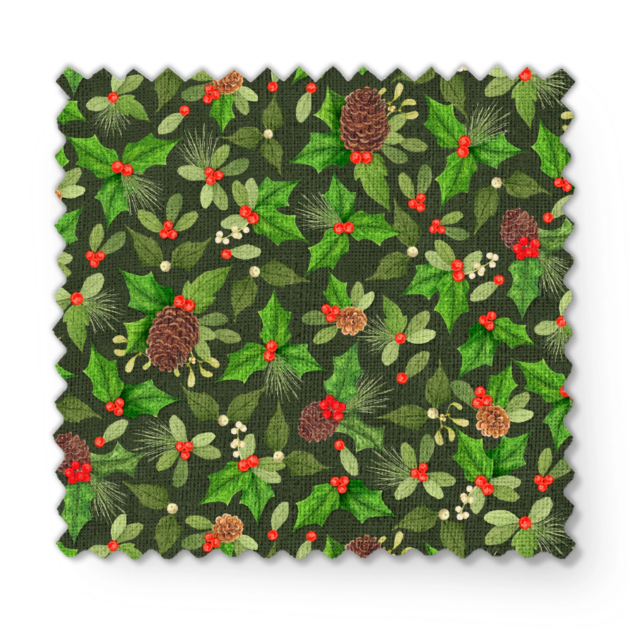 Seamless holiday pattern by Nicole Tamarin featuring pinecones, holly, red berries, and green foliage on a dark green background. fabric swatch mockup