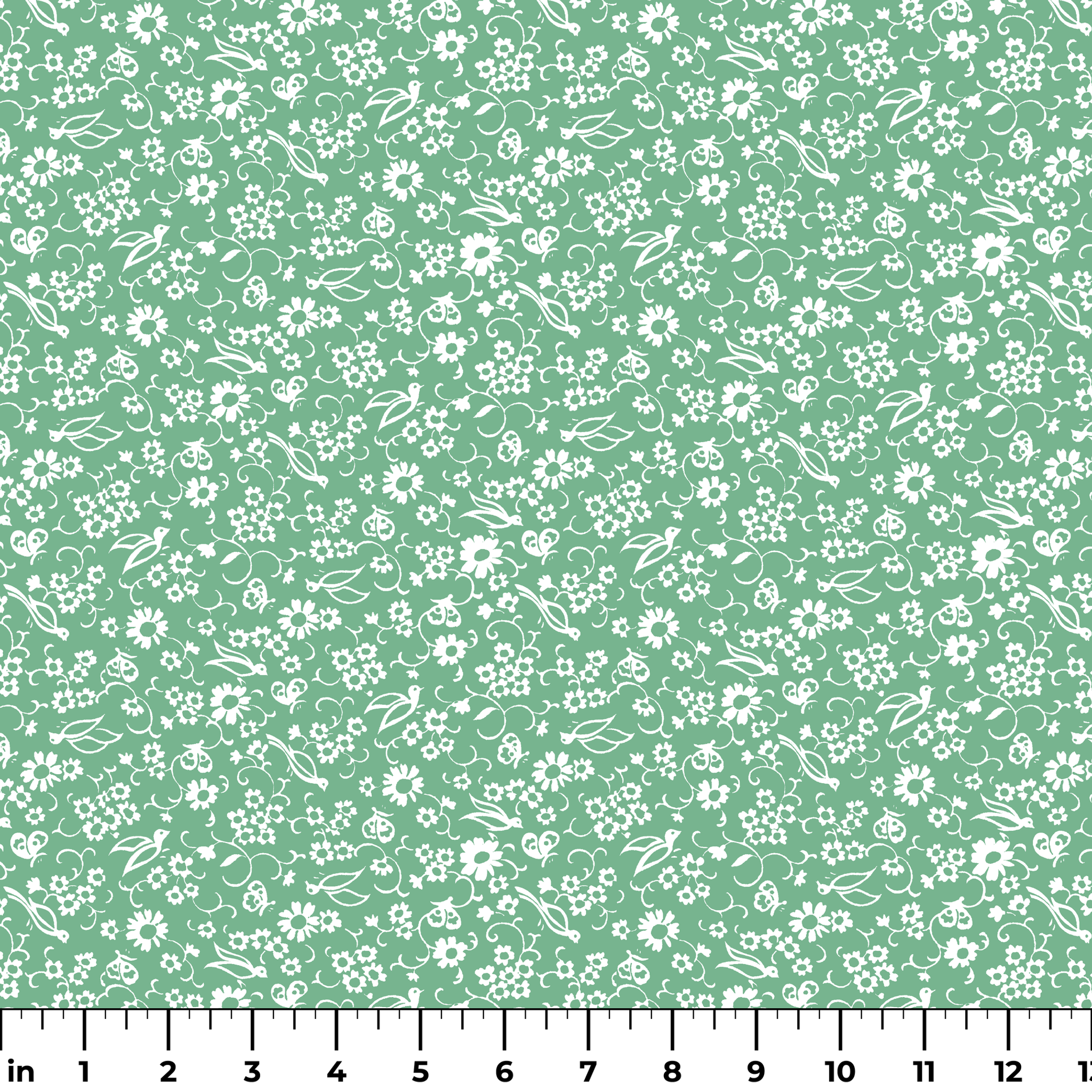 White floral pattern with delicate blooms and leaves on a mint green background ruler