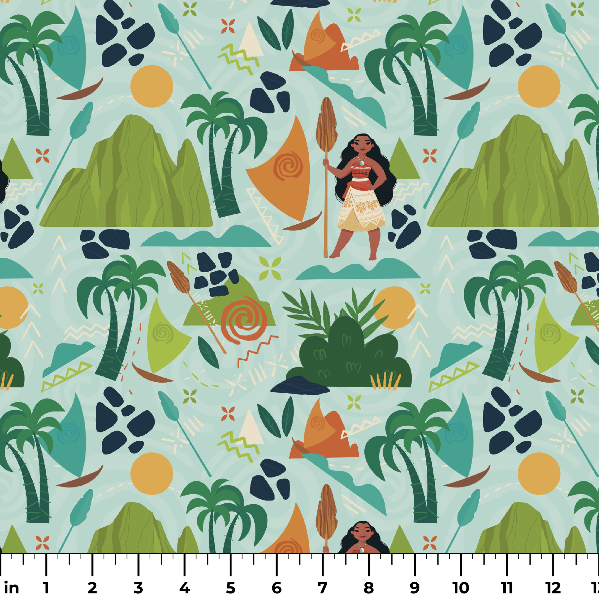 Tropical pattern with palm trees, mountains, sailboats and Polynesian-inspired motifs on mint green ruler