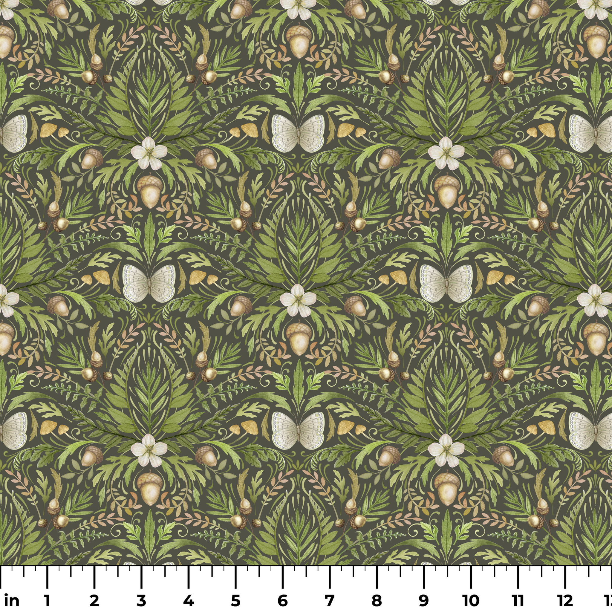 Symmetrical botanical pattern with green foliage, white flowers, and brown accents on dark background ruler