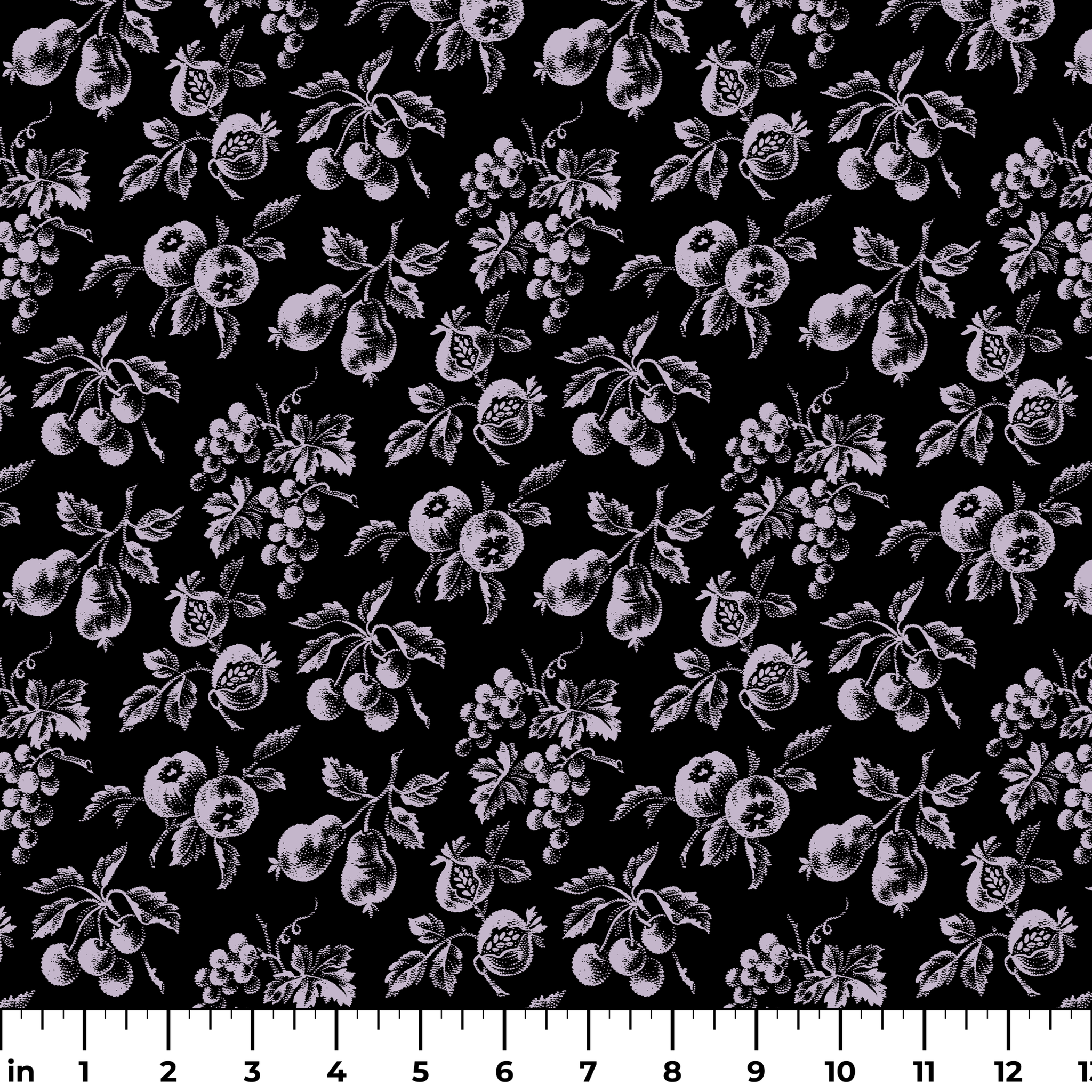 Elegant monochrome floral pattern with delicate white flowers scattered on a black background ruler