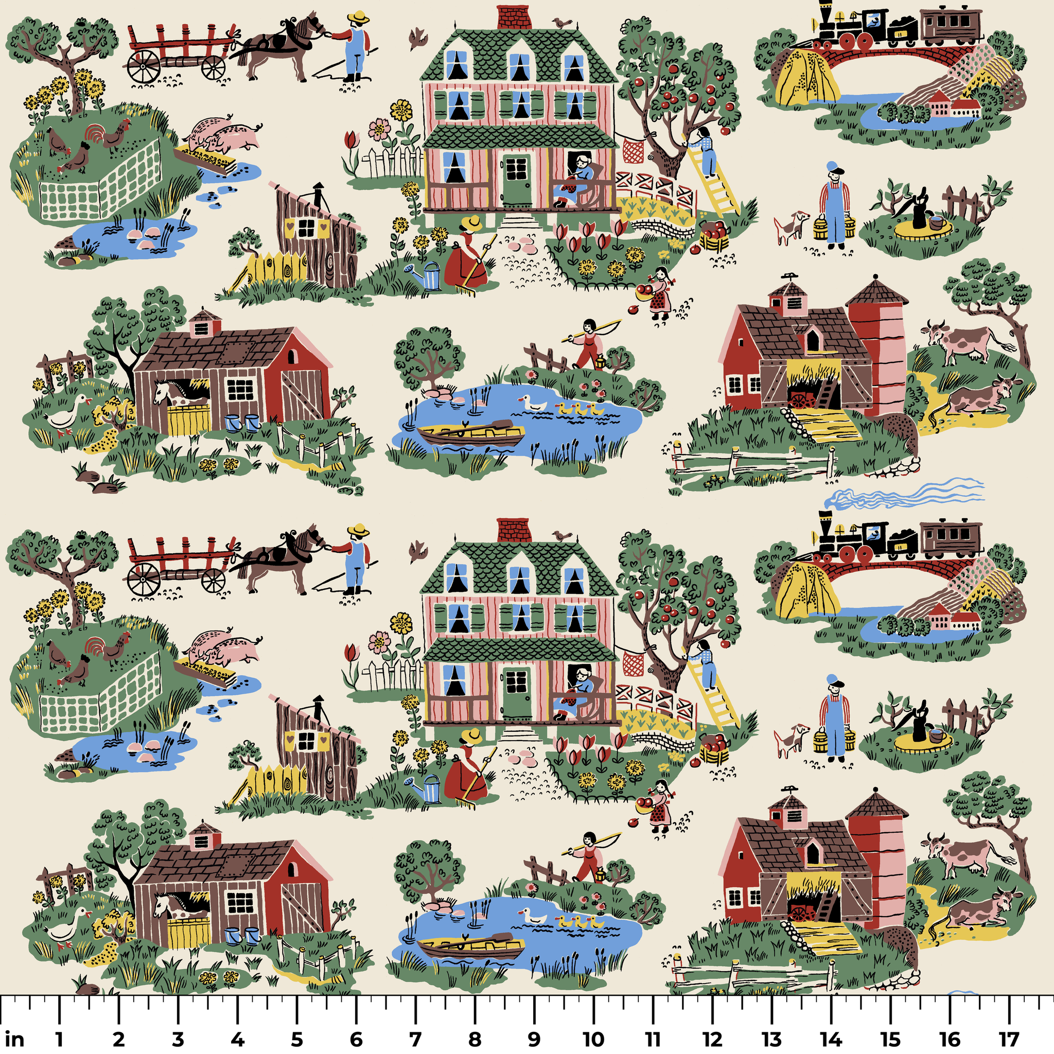 Colorful folk art illustration of country scenes with pink farmhouse, barns, and rural activities ruler