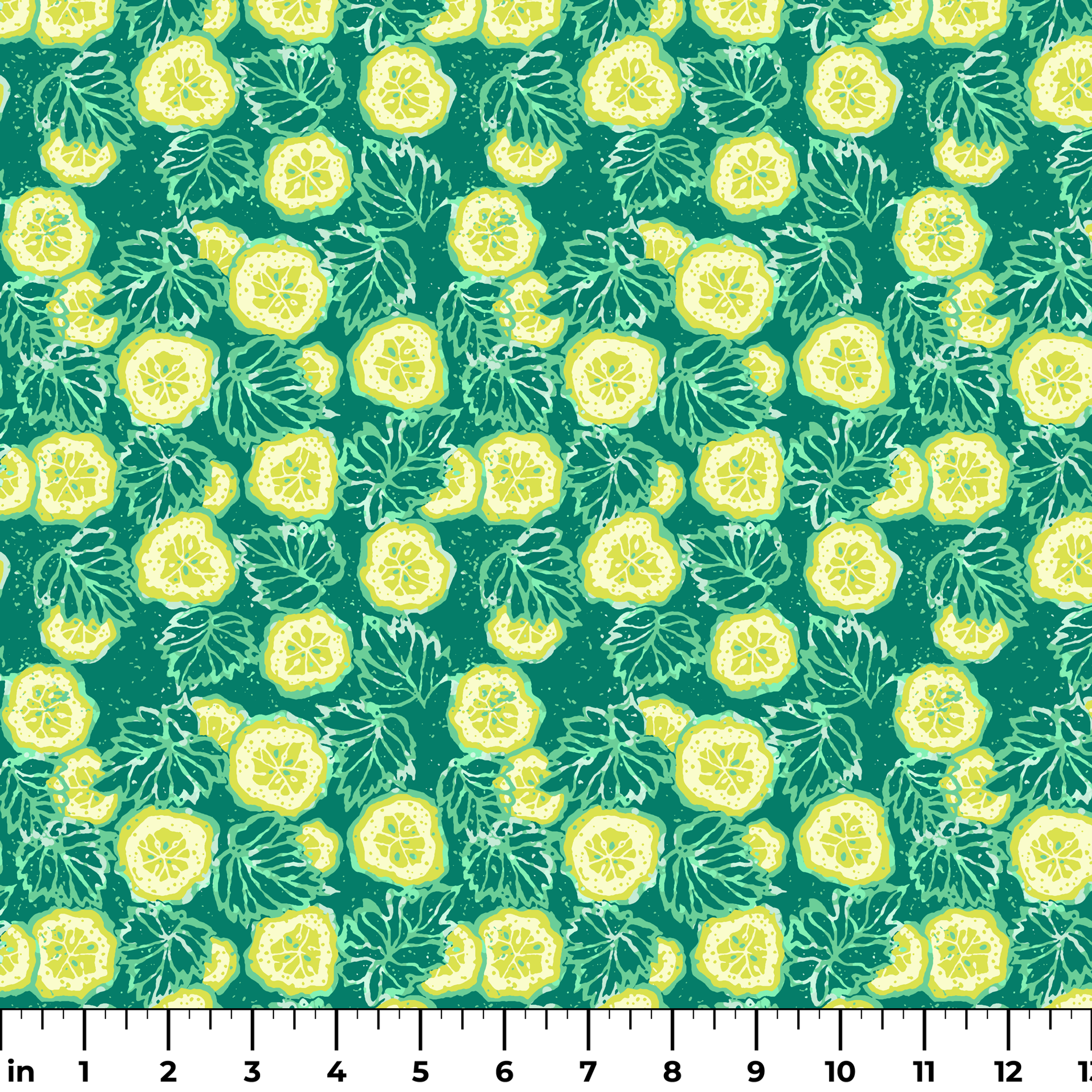 Vibrant green background with yellow cucumber slices and light green leafy patterns ruler