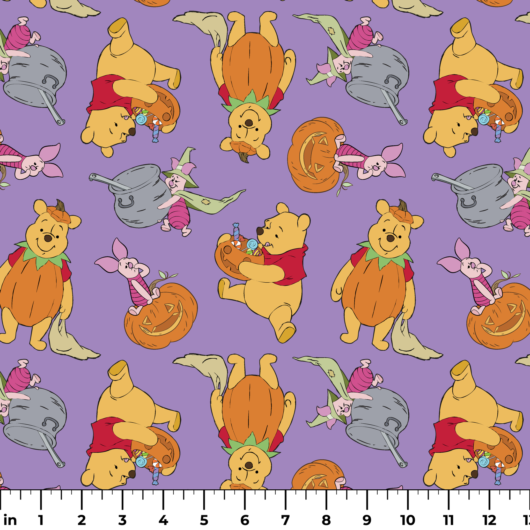 Whimsical Winnie the Pooh pattern with Piglet and Eeyore on purple background with pumpkins ruler