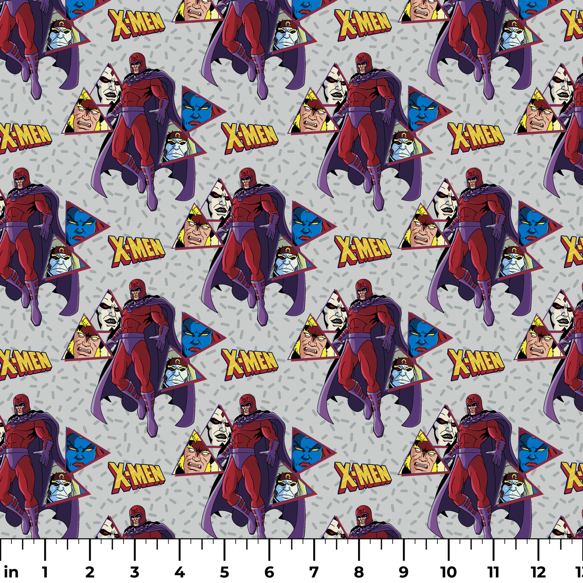 X-Men comic pattern with Magneto in purple and red costume against gray background with character portraits ruler