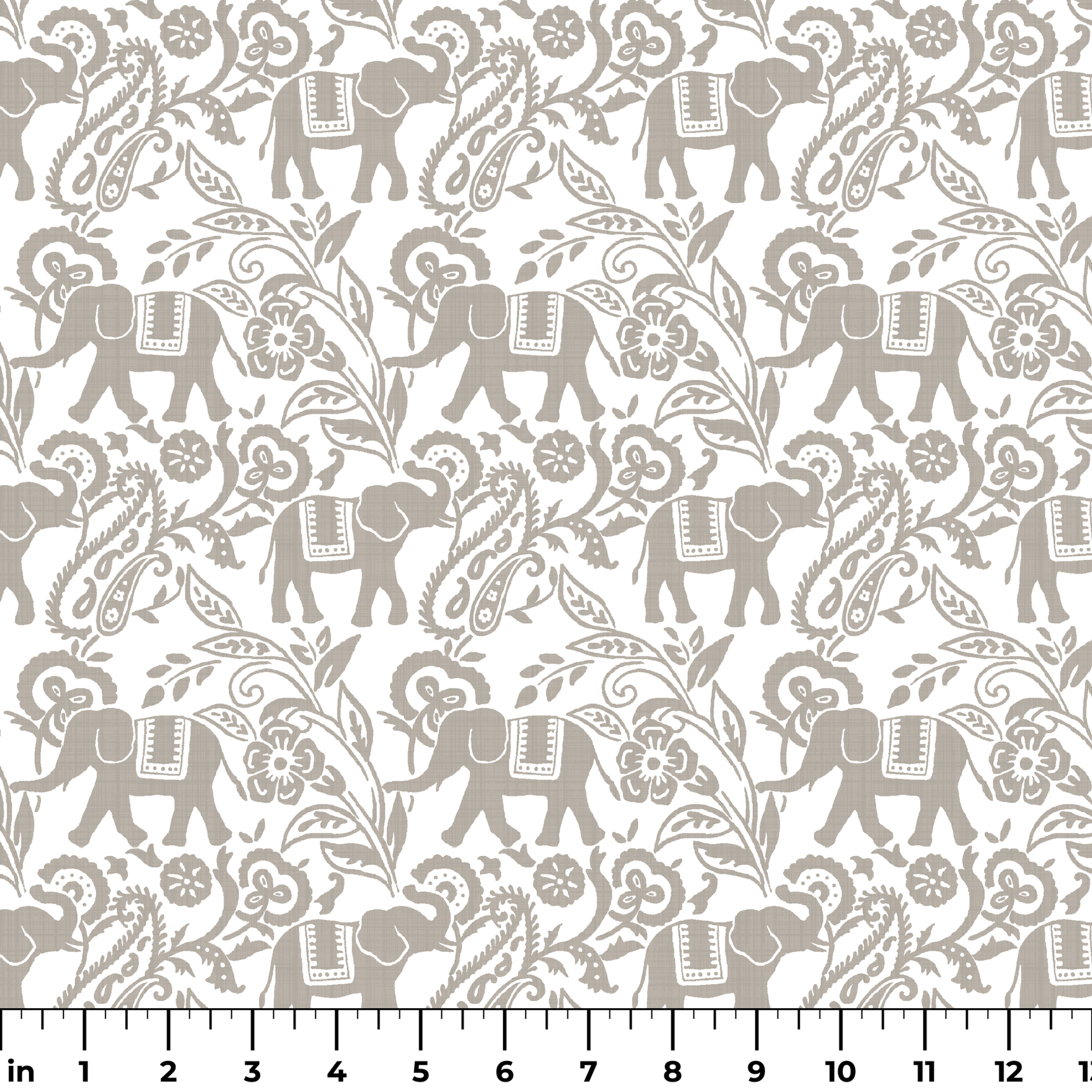 Gray elephants with decorative blankets amid swirling floral and paisley patterns on white background ruler