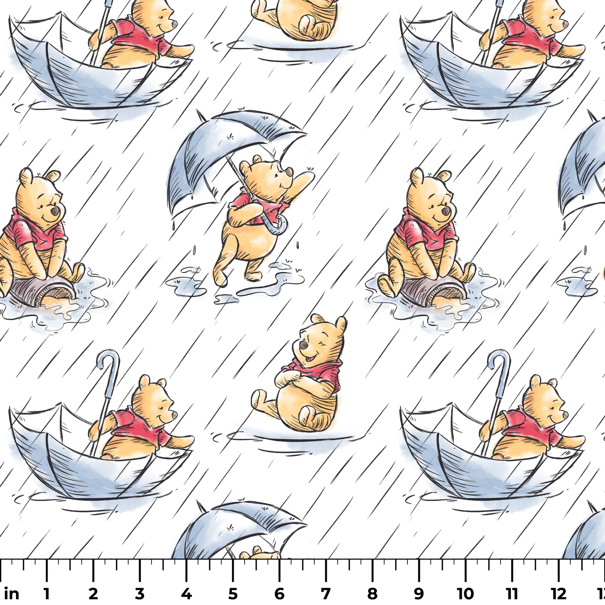 Small bear characters in a rainy scene - some holding umbrellas, others in paper boats, wearing red shirts ruler