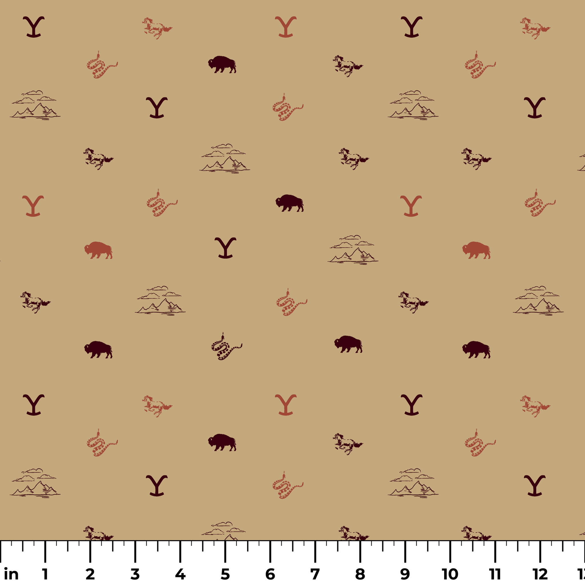 Yellowstone ranch icons with “Y” brand, bison, horses, mountains, and snakes in a Western-inspired design. ruler