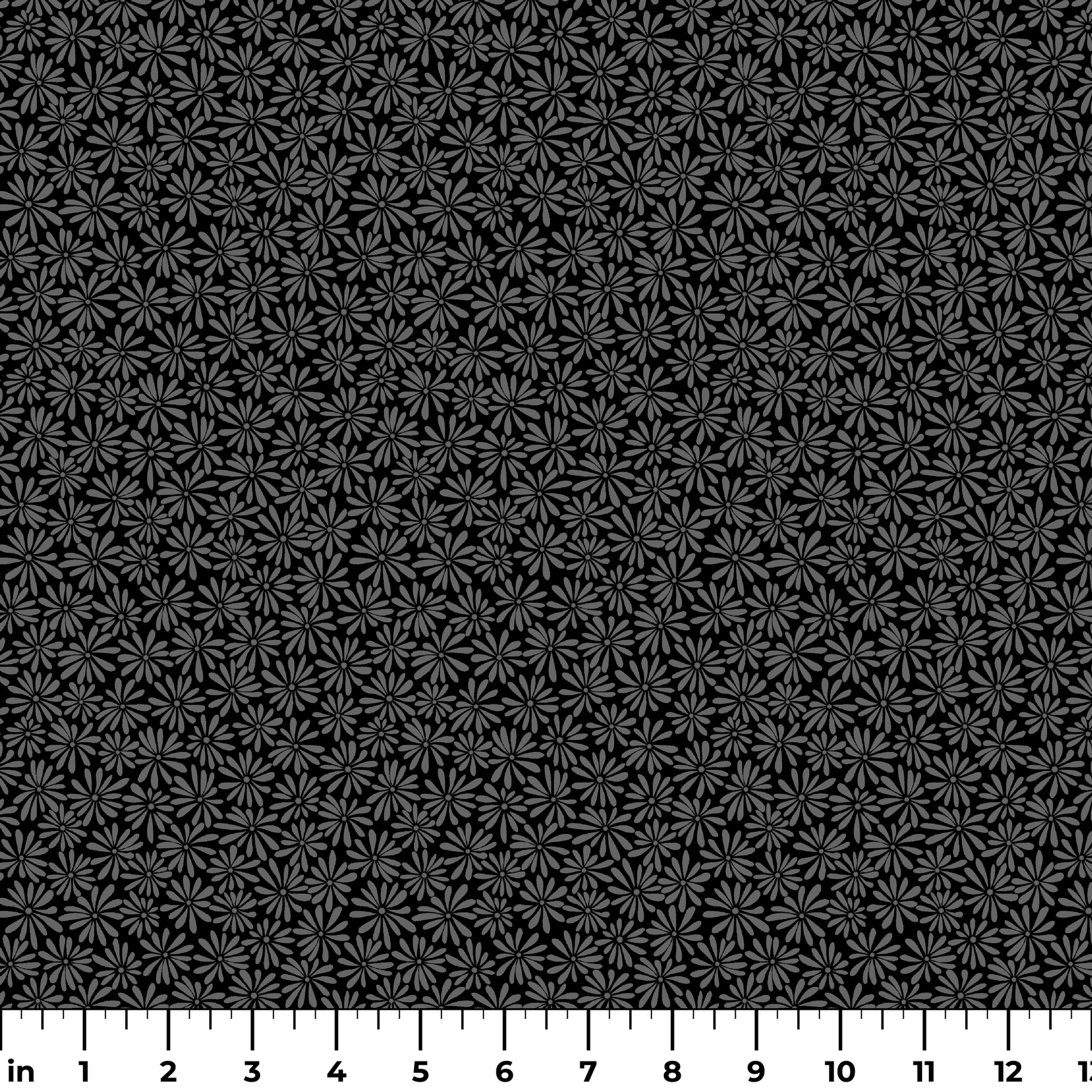 Tonal gray daisy ditsy floral fabric on a black background, designed by Nicole Tamarin – ideal for modern quilting and neutral sewing projects. ruler