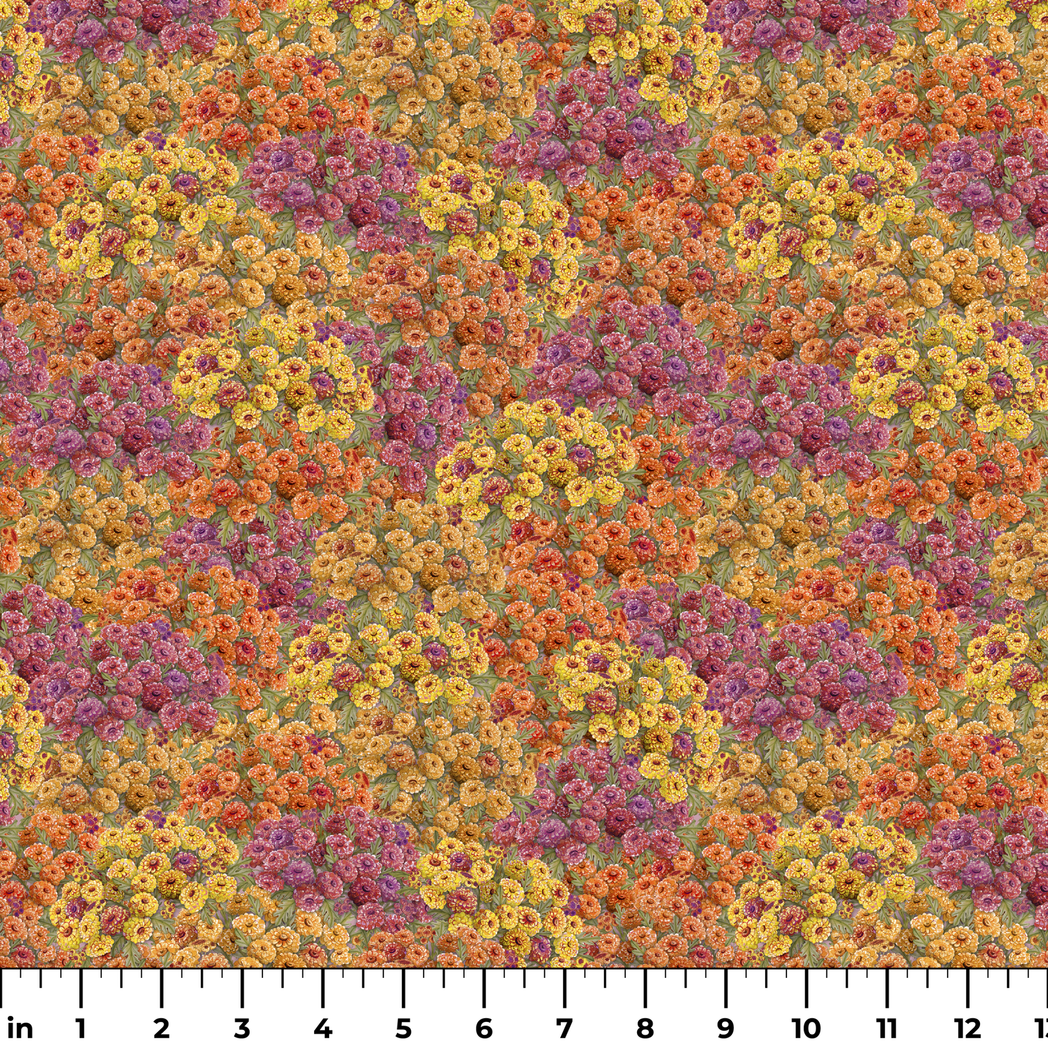 Dense floral fabric featuring orange, gold, pink, and plum zinnias in a packed all-over pattern by Nicole Tamarin. ruler