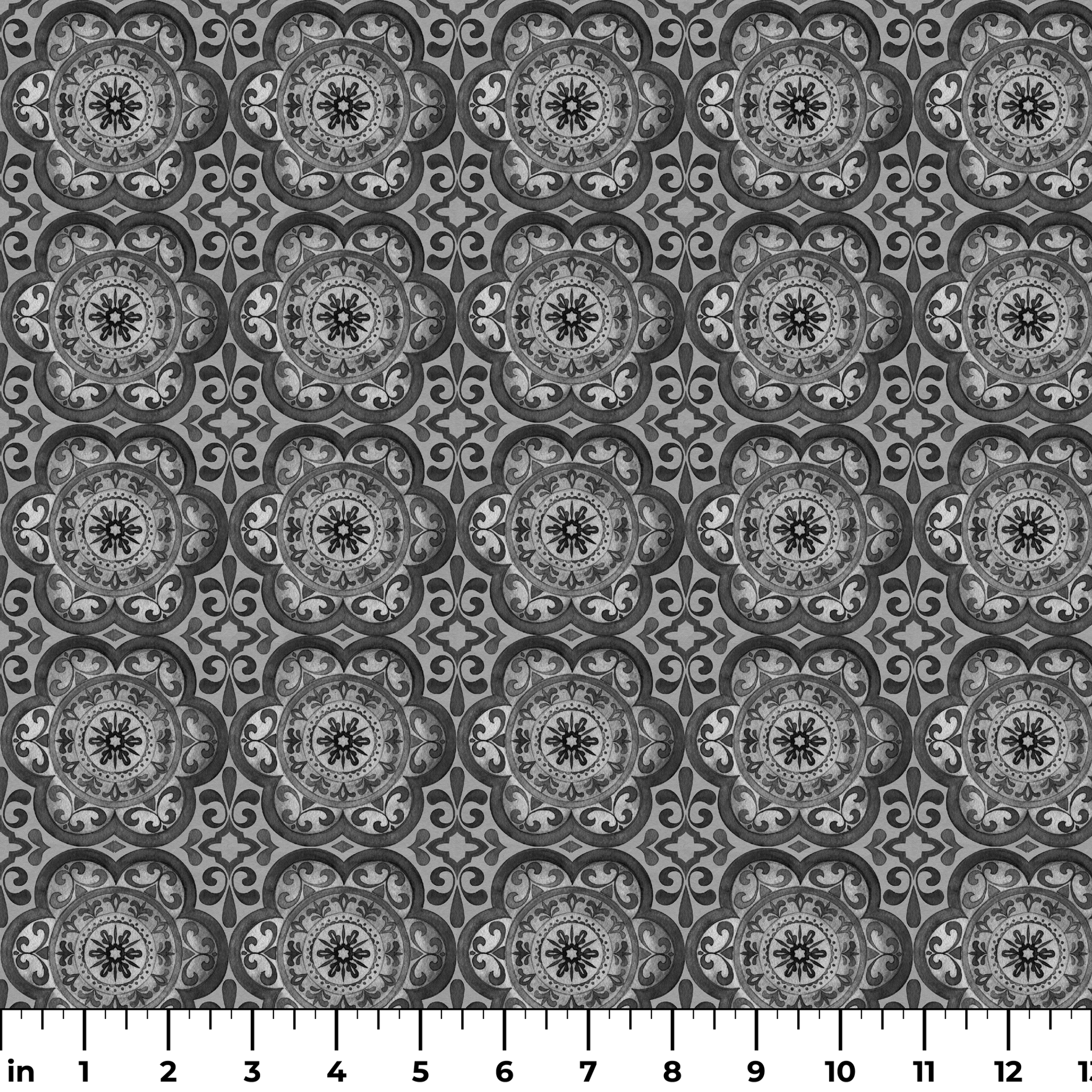 Grayscale medallion tile pattern with floral and scroll motifs in a symmetrical layout by Nicole Tamarin. ruler