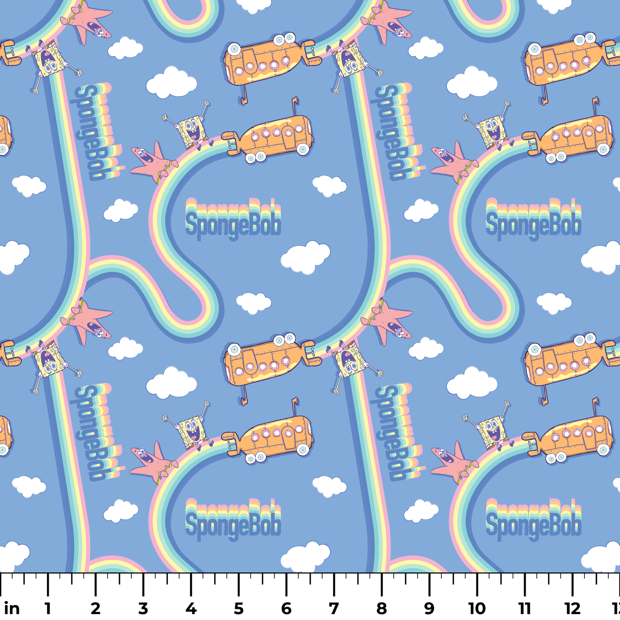 SpongeBob pattern with cartoon characters, buses, rainbows and clouds on light blue background ruler