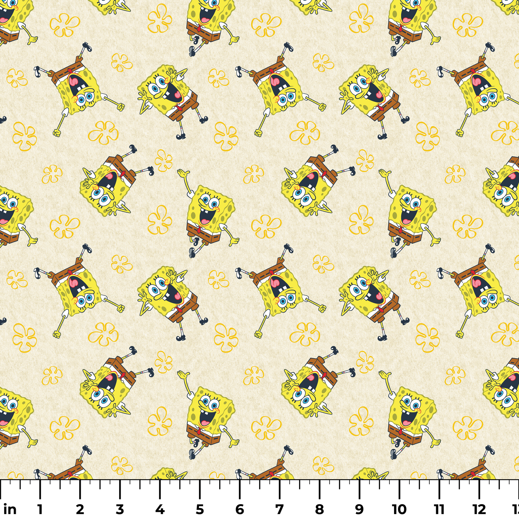 Repeating pattern of SpongeBob SquarePants characters on light yellow background with yellow flowers ruler