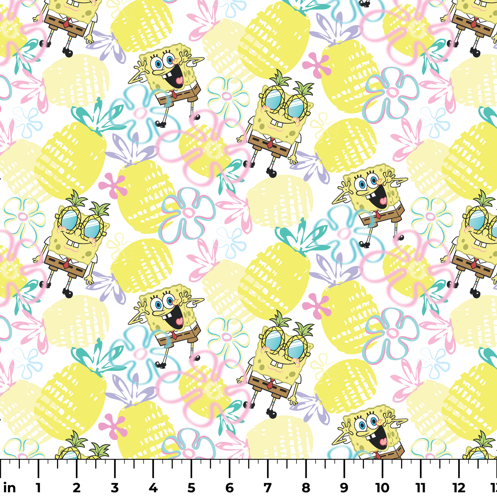 SpongeBob wearing pineapple glasses surrounded by yellow pineapples and pastel floral sketches on a white background in a playful Nickelodeon design. ruler