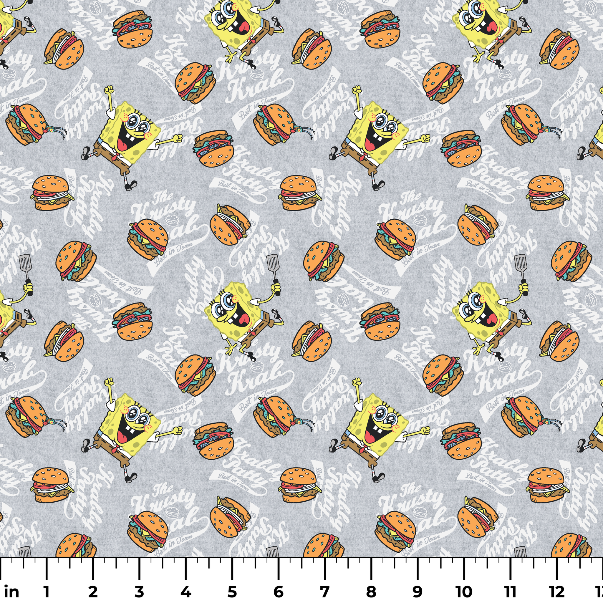 SpongeBob surrounded by Krabby Patties, spatulas, and “The Krusty Krab” text on a heather gray background in a playful cartoon-style design. ruler