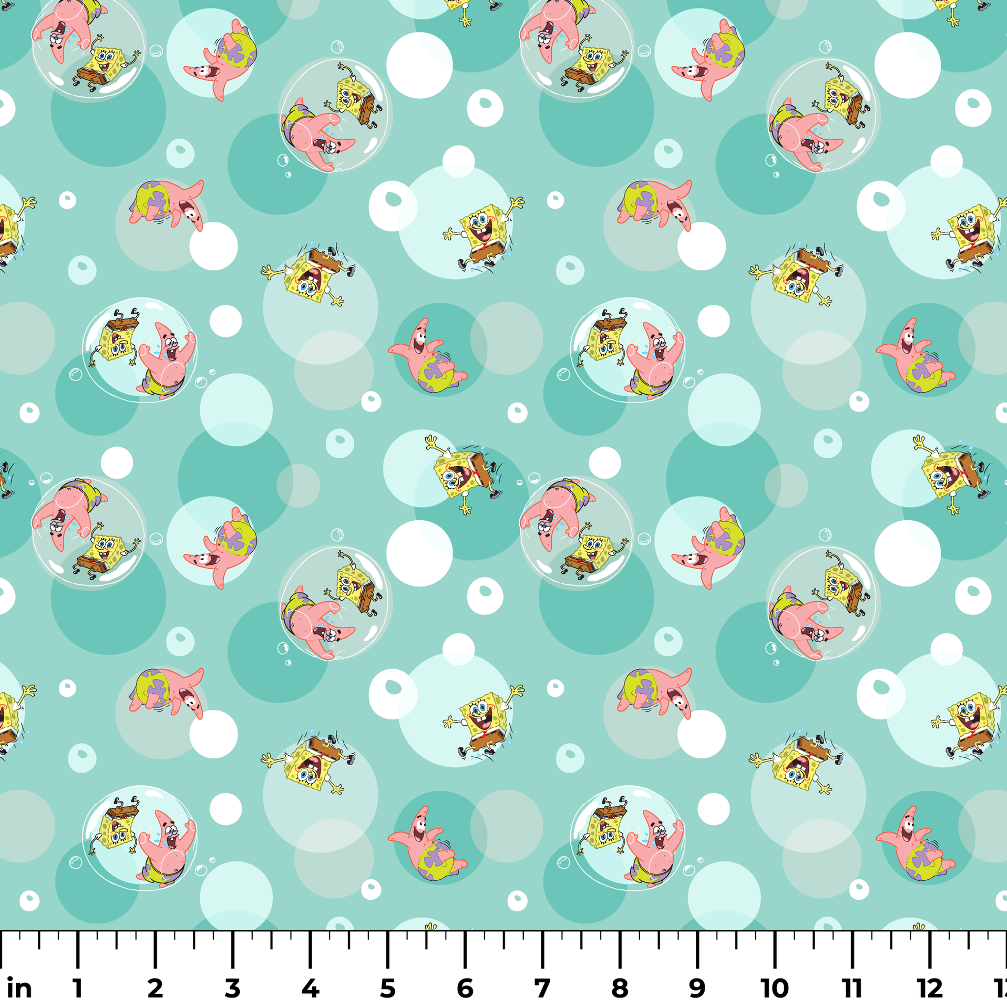 SpongeBob and Patrick floating in transparent bubbles across a seafoam green background with layered circle accents. ruler