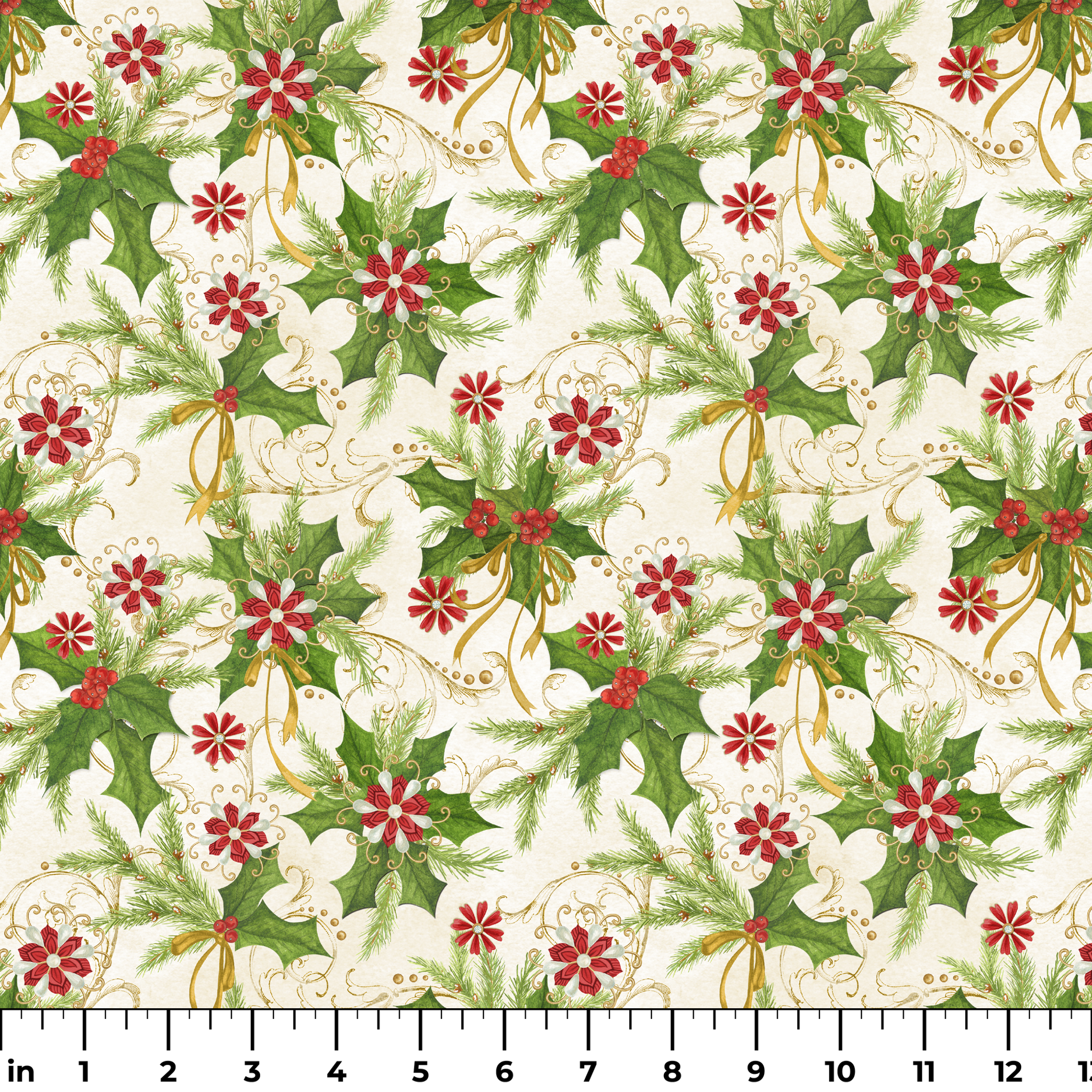 Festive pattern featuring holly leaves, pine branches, red floral medallions, and golden swirls on an ivory background by Nicole Tamarin. ruler