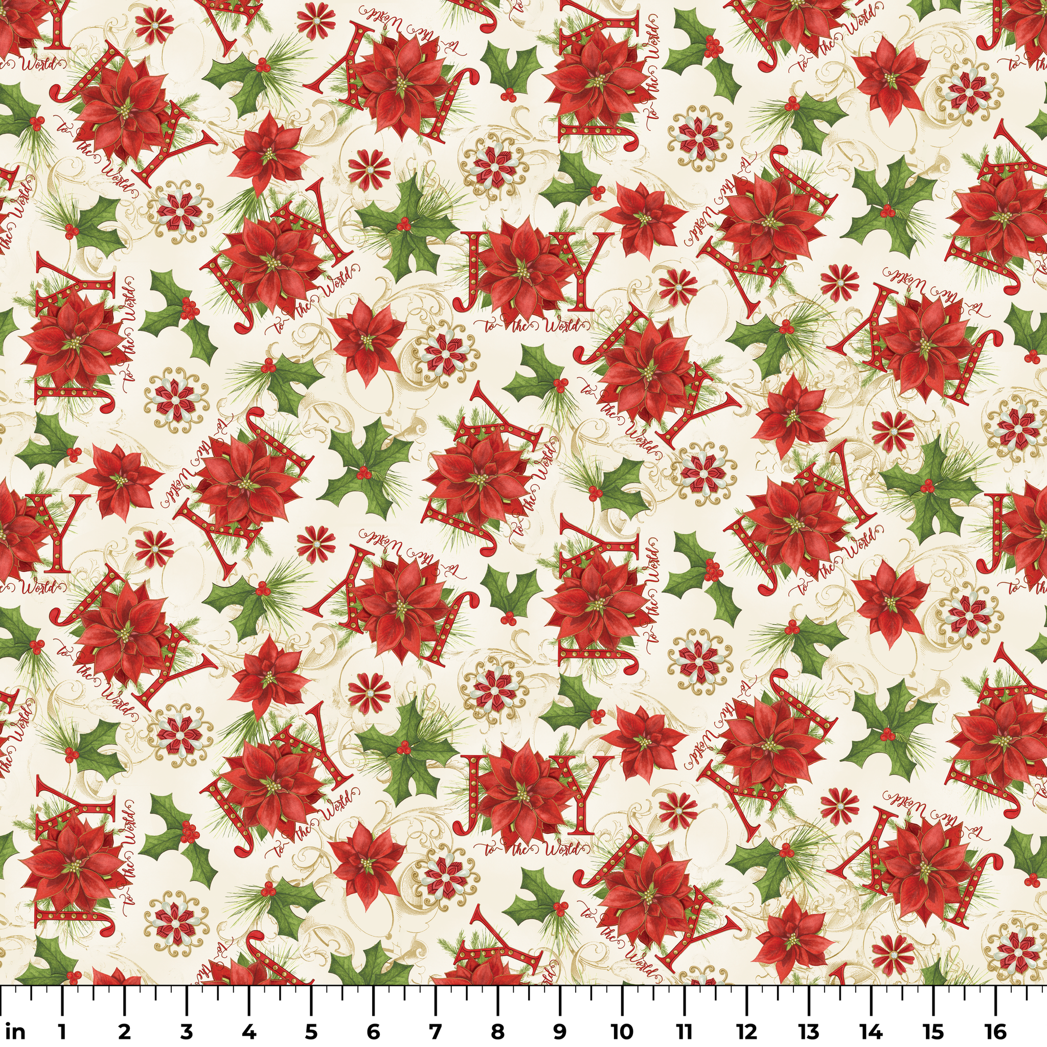 Red poinsettias, holly leaves, pine sprigs, and peppermint candy motifs with scattered “Joy” text in a festive holiday toss design by Nicole Tamarin. ruler