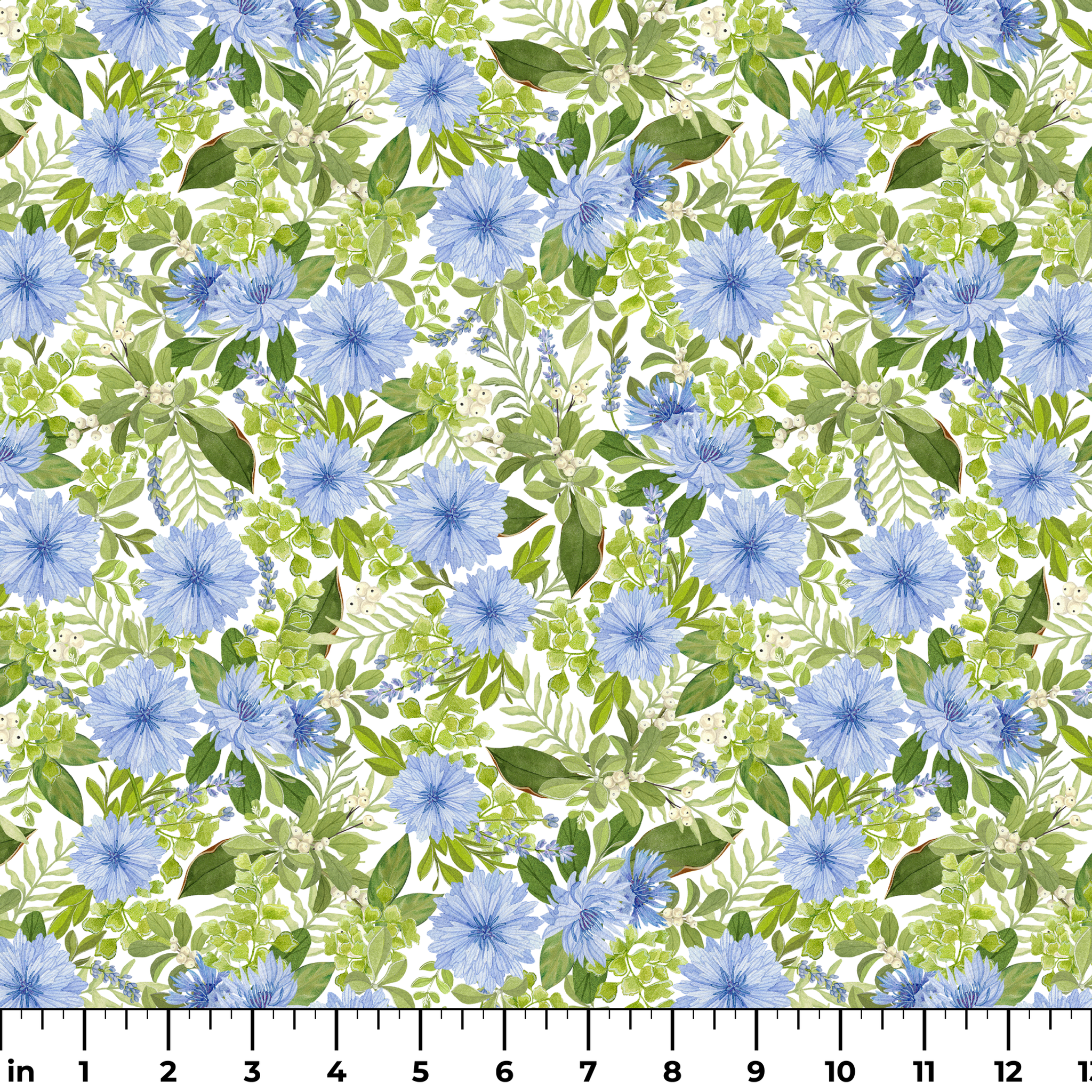 Watercolor-style botanical fabric pattern featuring blue wildflowers and soft green foliage on a white background. Designed by Nicole Tamarin. ruler