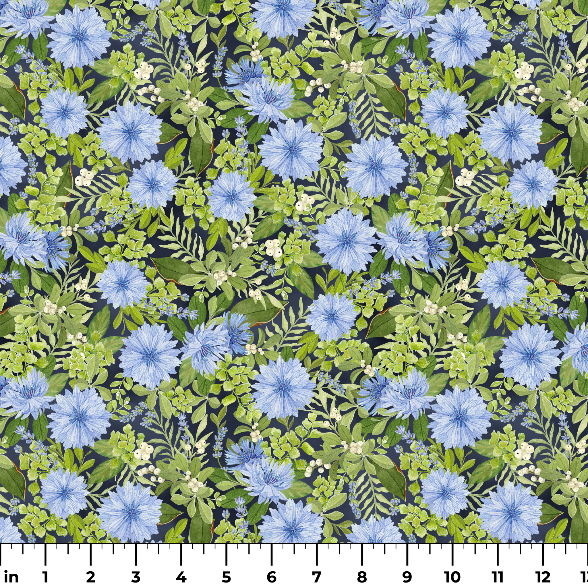 Beautiful floral pattern with light blue cornflowers and vibrant green leaves and foliage ruler