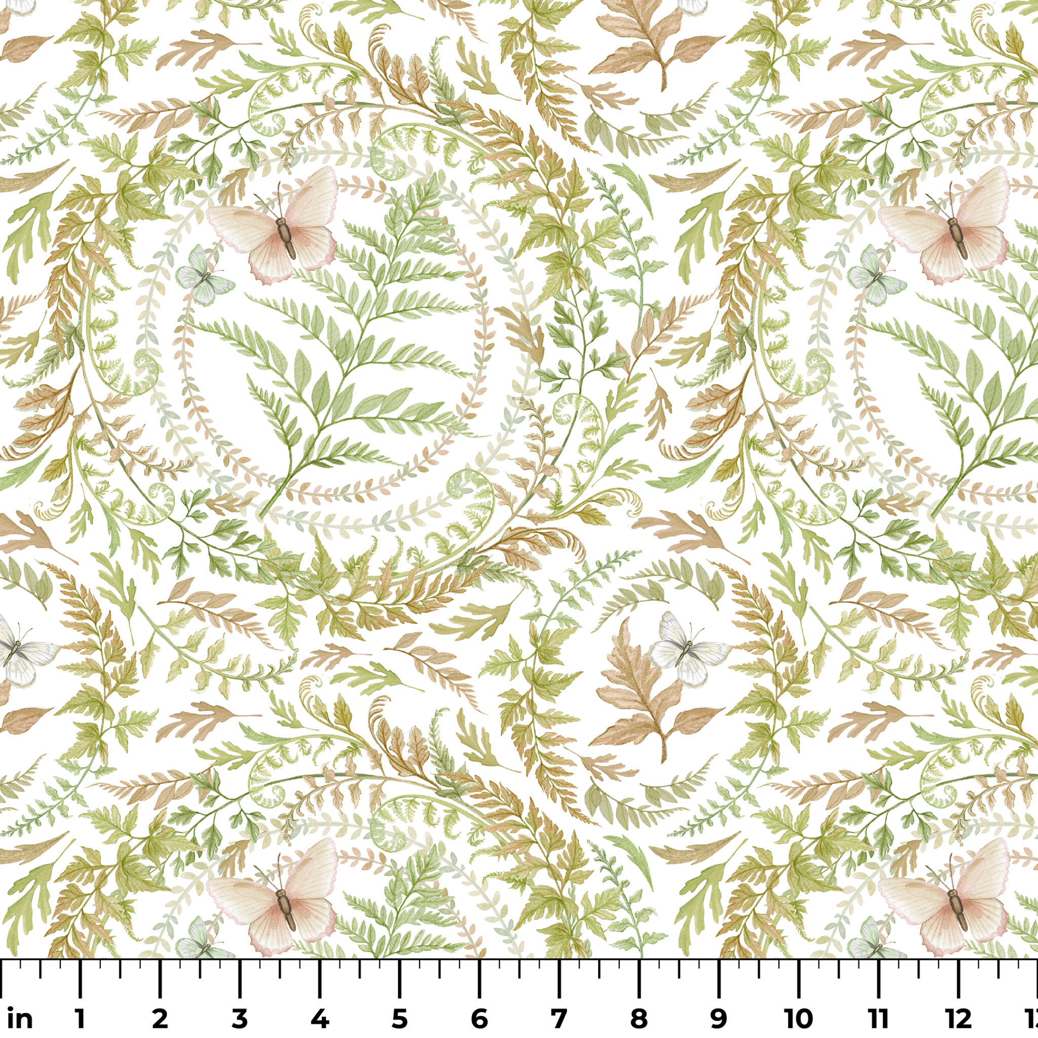 Circular botanical design featuring green ferns and blush butterflies on a white background in a Nicole Tamarin pattern. ruler