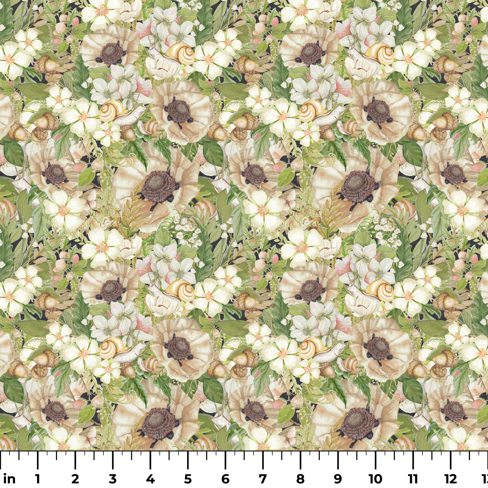 Botanical pattern by Nicole Tamarin featuring cream poppies, snails, acorns, and soft green leaves in an earthy woodland layout. ruler