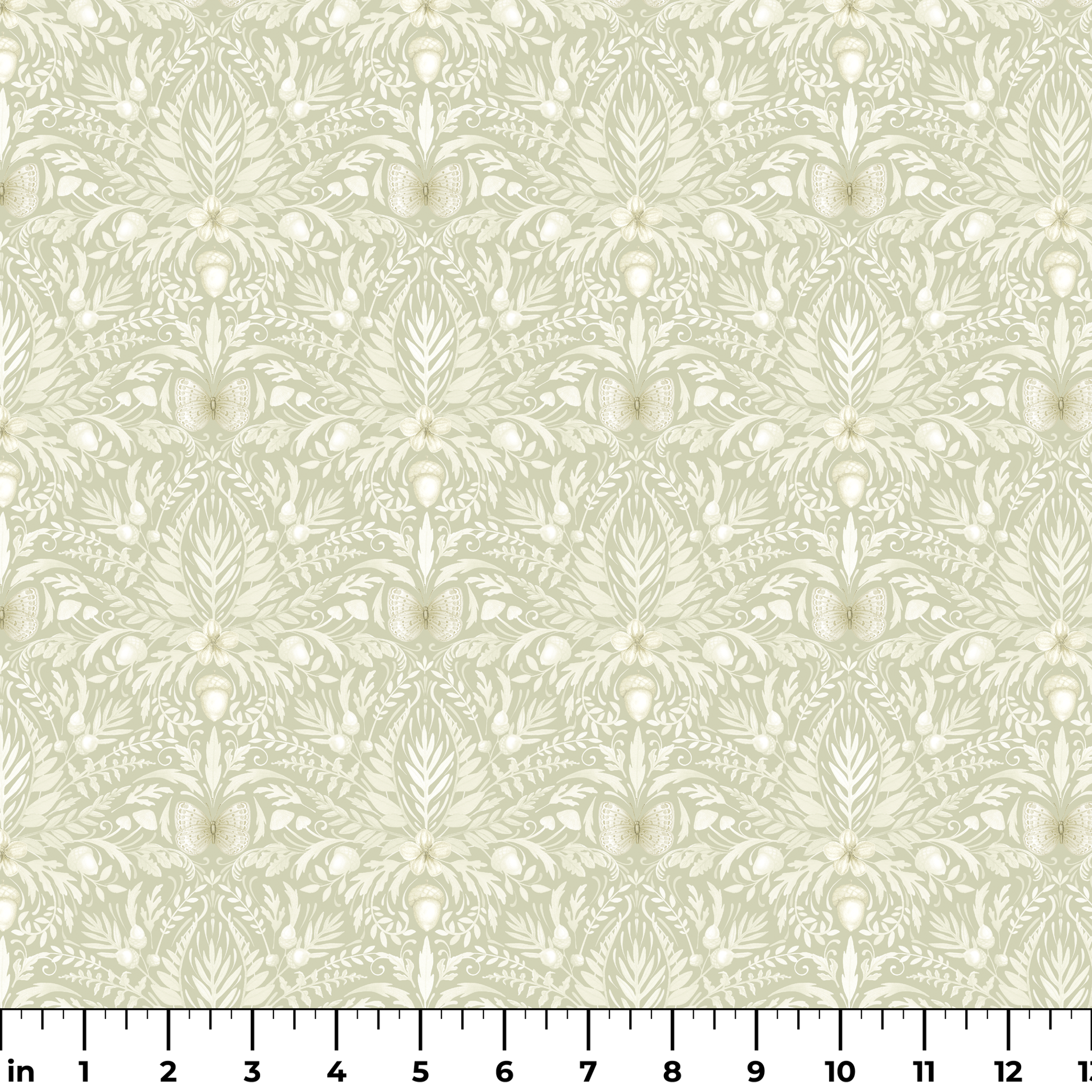 Sage and cream damask-style pattern featuring symmetrical acorns, oak leaves, and botanical motifs in a tonal palette by Nicole Tamarin. ruler