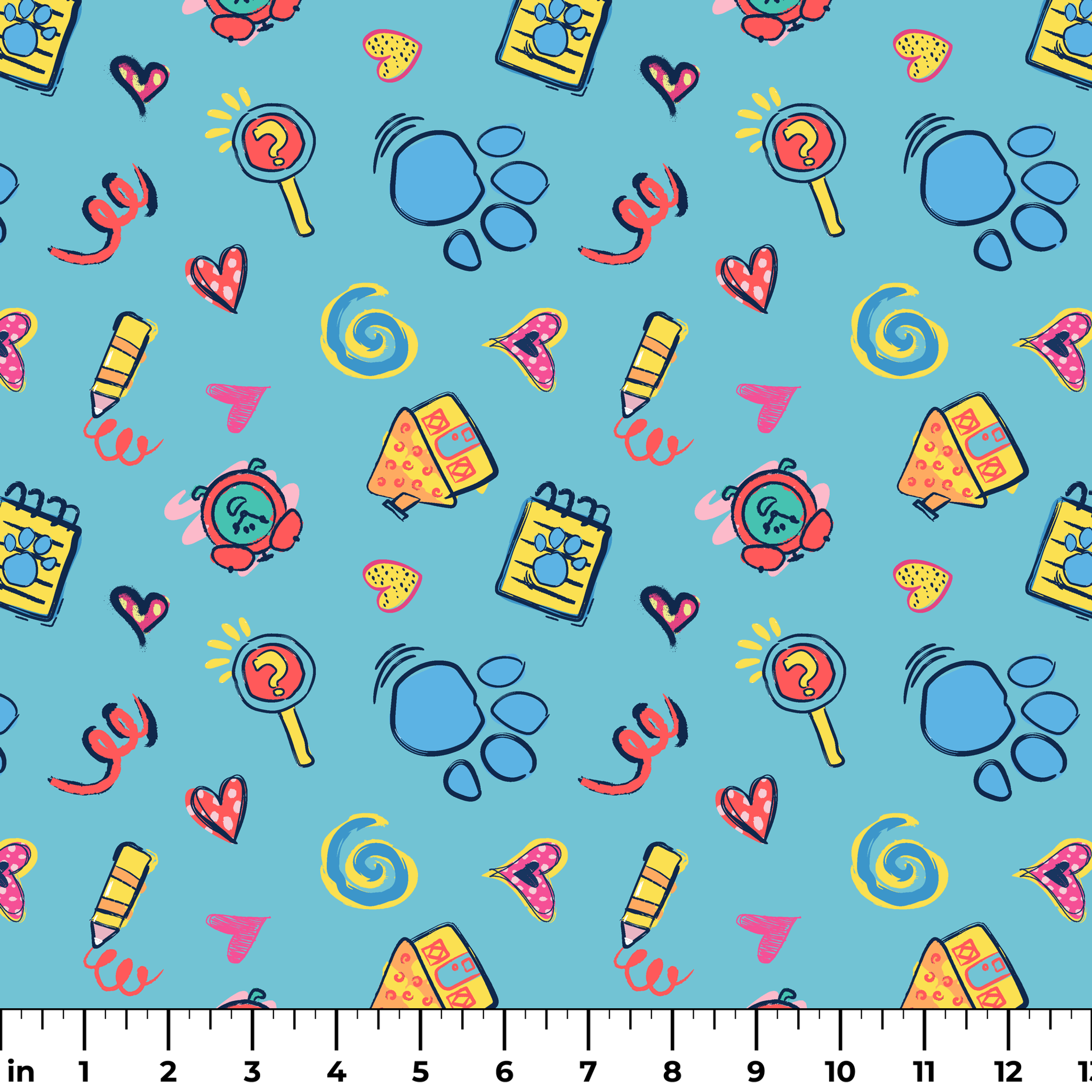 Blue’s Clues doodle-style pattern featuring paw prints, a crayon, spiral notebook, hearts, and magnifying glass on a light blue background. ruler
