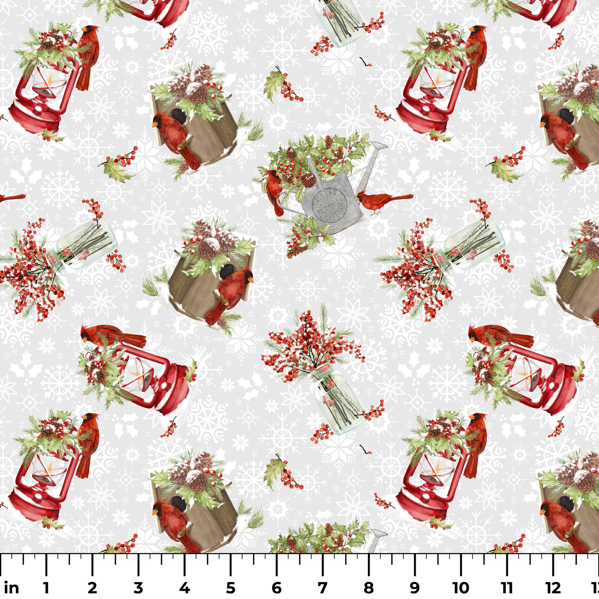 Red cardinals perched among holly berries, pine sprigs, lanterns, and rustic containers on a soft snowy background with snowflake details by Nicole Tamarin ruler